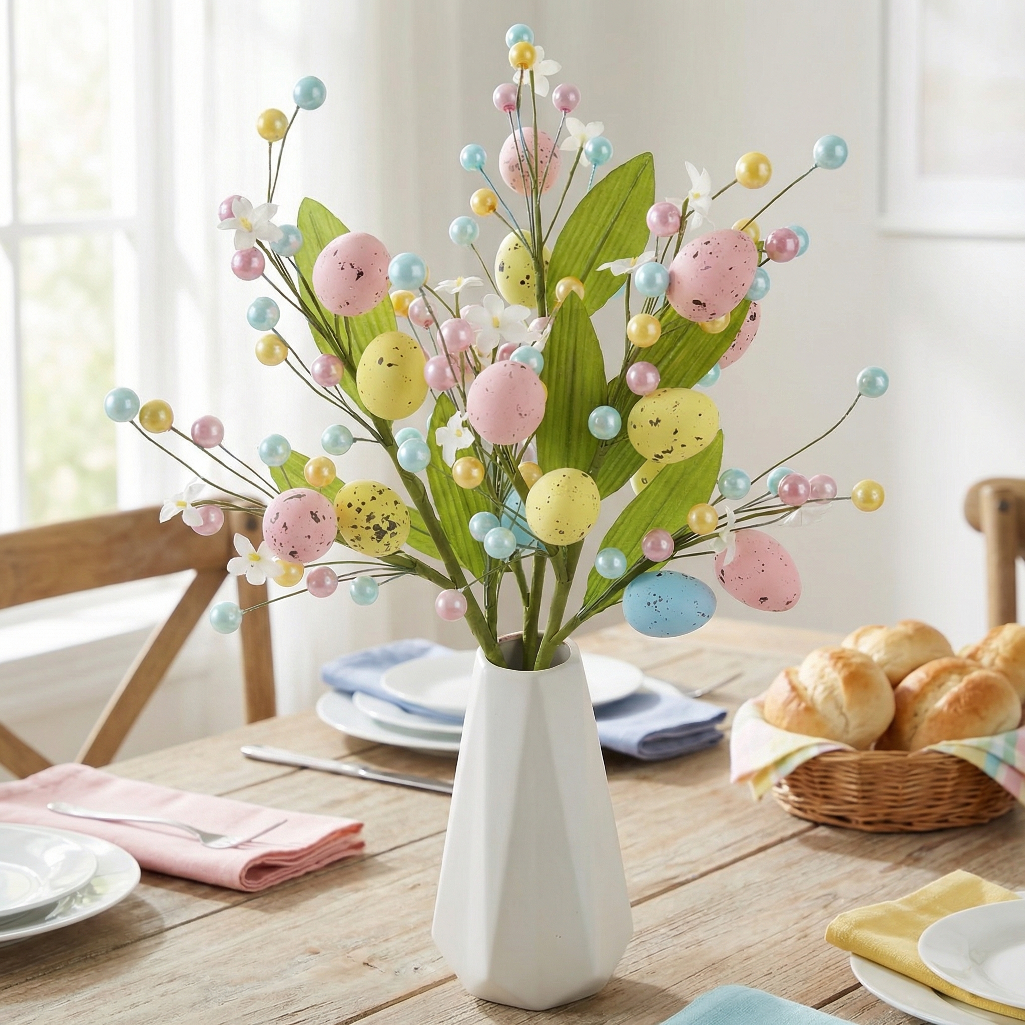 Set of 2 Artificial Easter Egg Berry Stems – Colorful Spring Picks with Pastel Eggs, Berries & Leaves for Vase Decor, Table Centerpieces & Mantel Styling (Indoor/Outdoor)