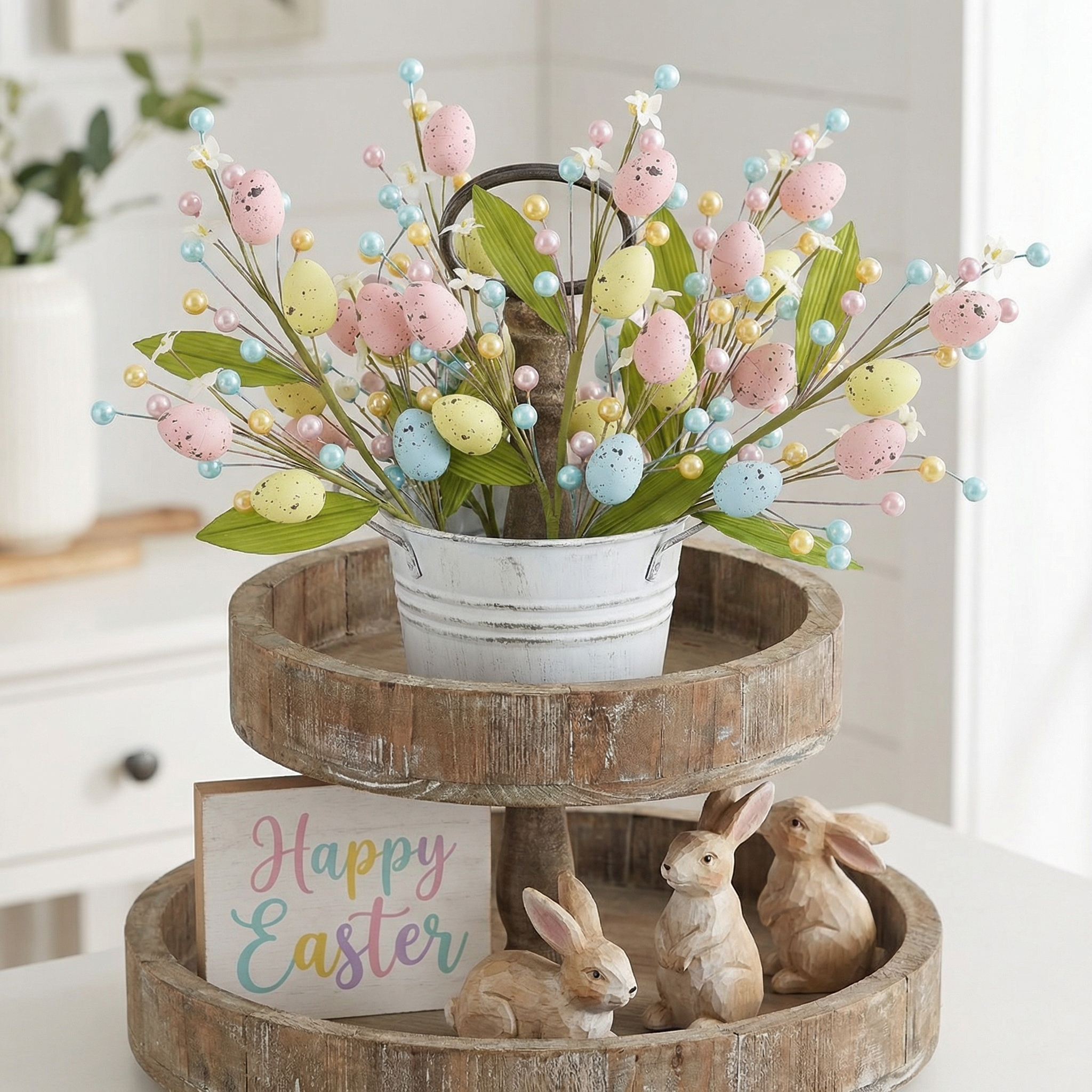 Set of 2 Artificial Easter Egg Berry Stems – Colorful Spring Picks with Pastel Eggs, Berries & Leaves for Vase Decor, Table Centerpieces & Mantel Styling (Indoor/Outdoor)
