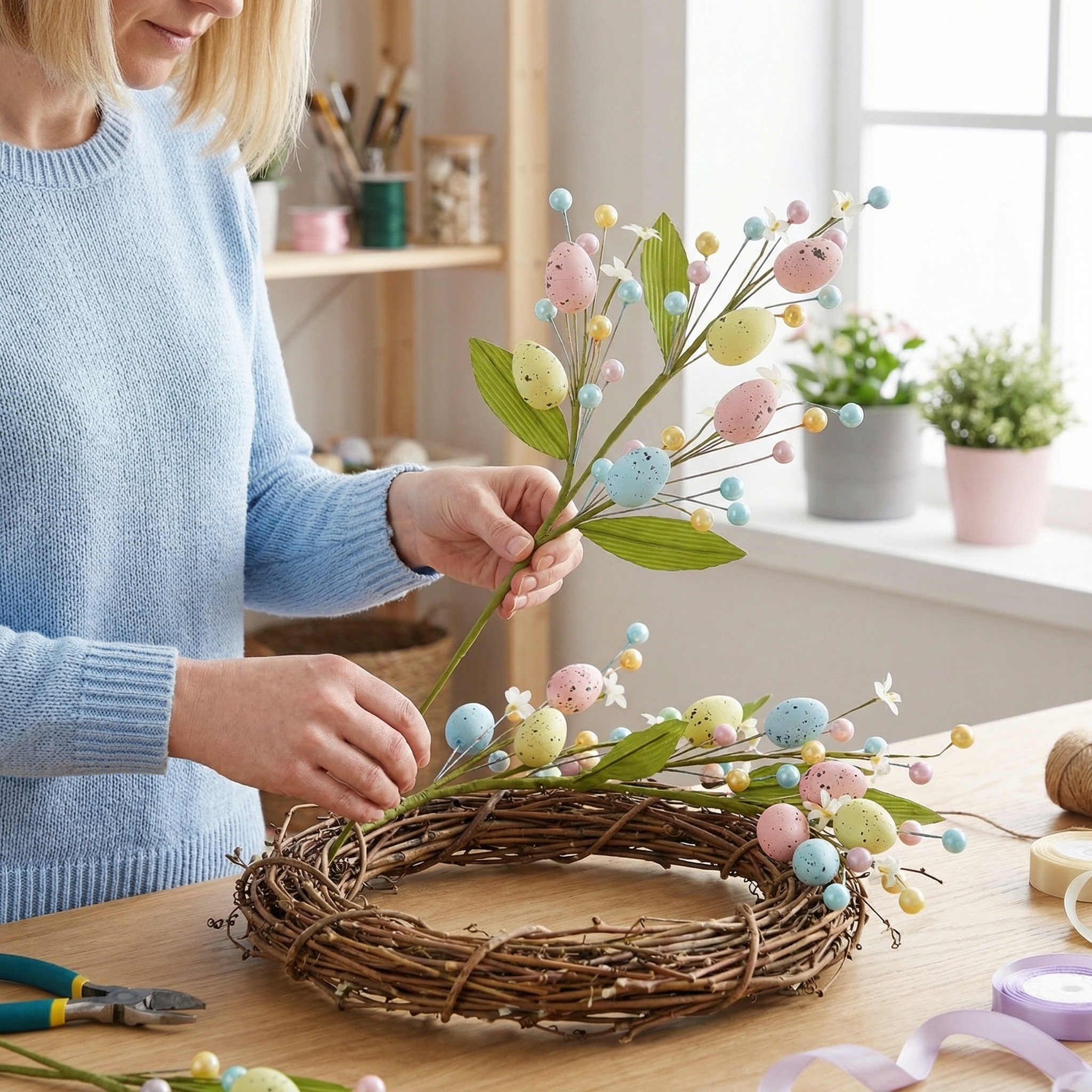 Set of 2 Artificial Easter Egg Berry Stems – Colorful Spring Picks with Pastel Eggs, Berries & Leaves for Vase Decor, Table Centerpieces & Mantel Styling (Indoor/Outdoor)