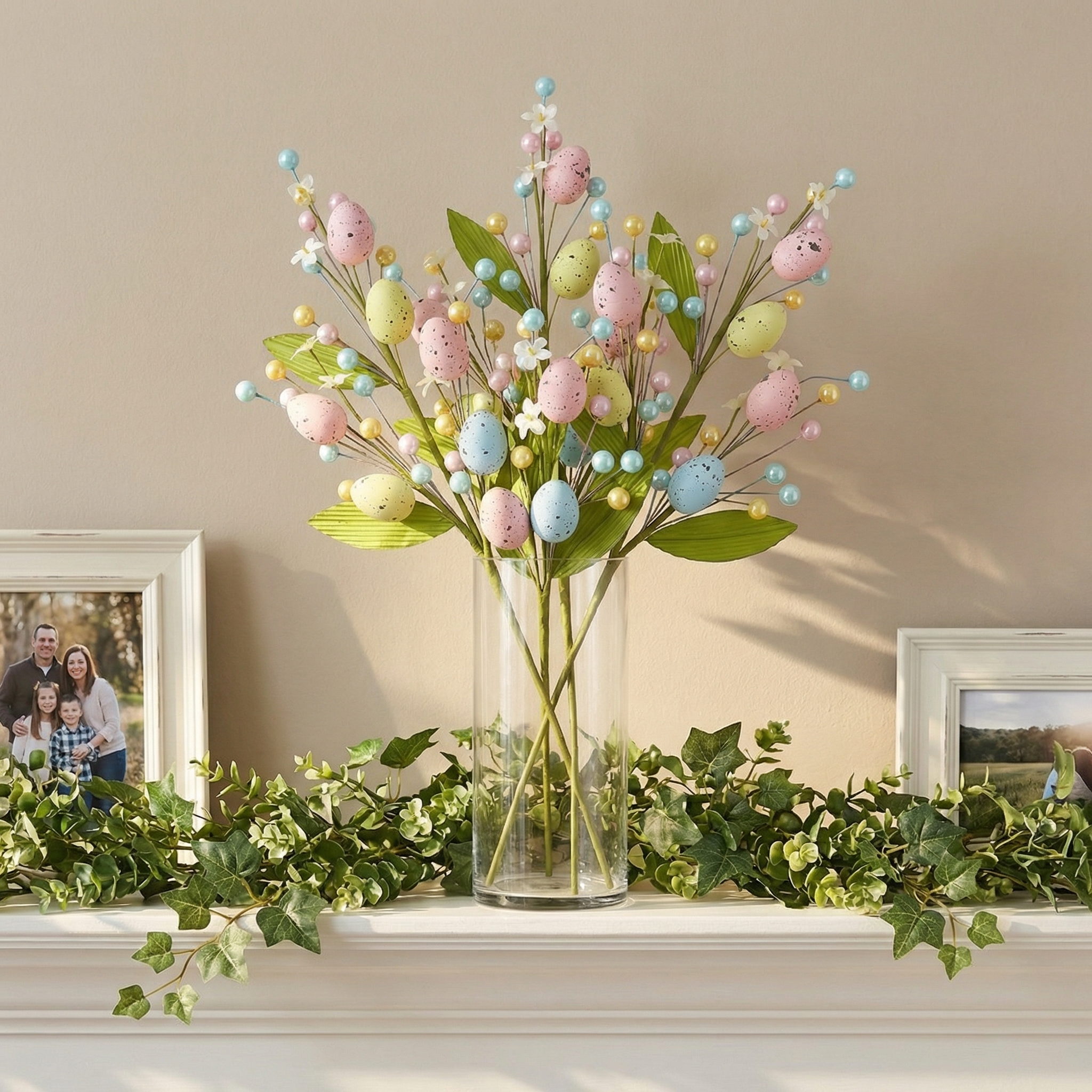 Set of 2 Artificial Easter Egg Berry Stems – Colorful Spring Picks with Pastel Eggs, Berries & Leaves for Vase Decor, Table Centerpieces & Mantel Styling (Indoor/Outdoor)