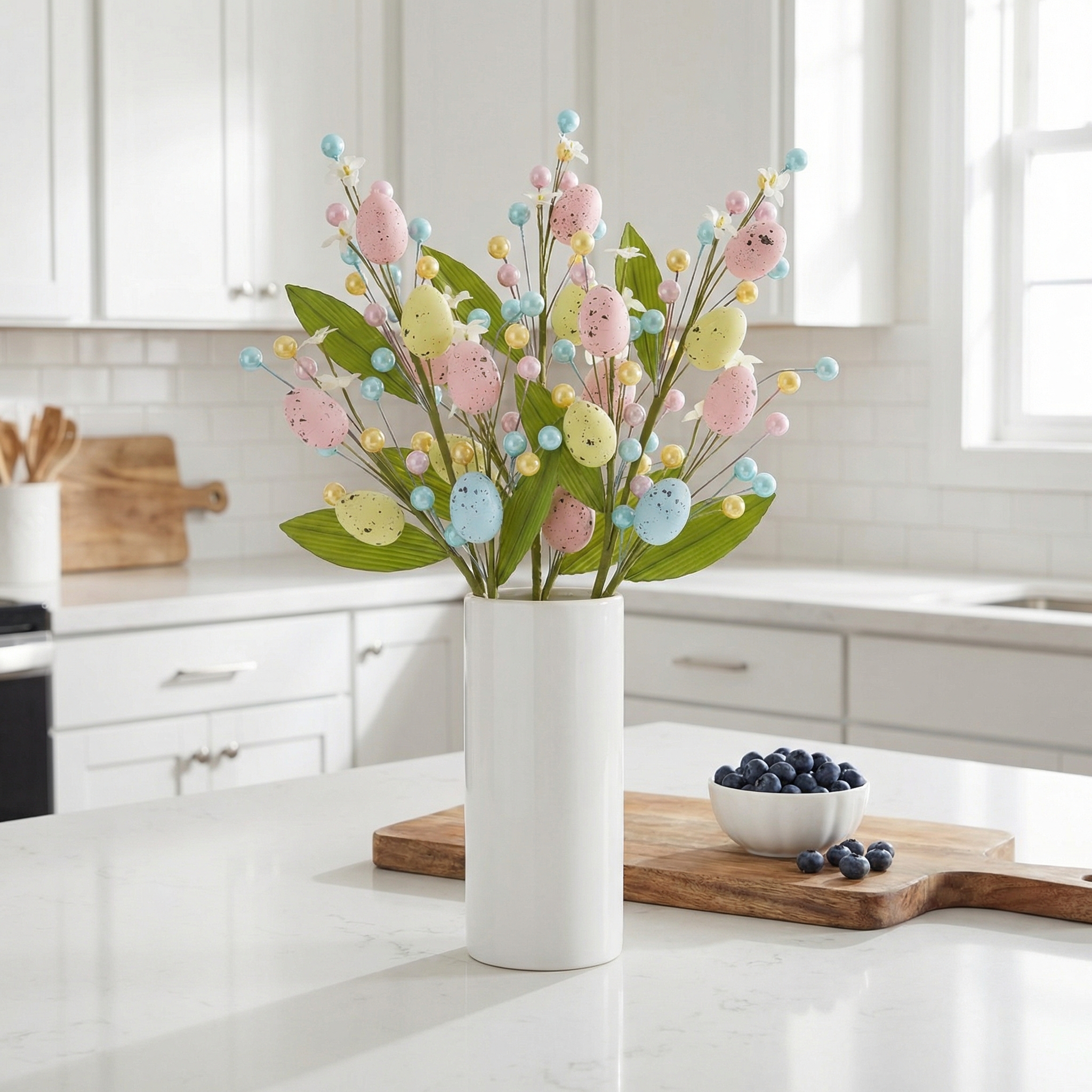 Set of 2 Artificial Easter Egg Berry Stems – Colorful Spring Picks with Pastel Eggs, Berries & Leaves for Vase Decor, Table Centerpieces & Mantel Styling (Indoor/Outdoor)