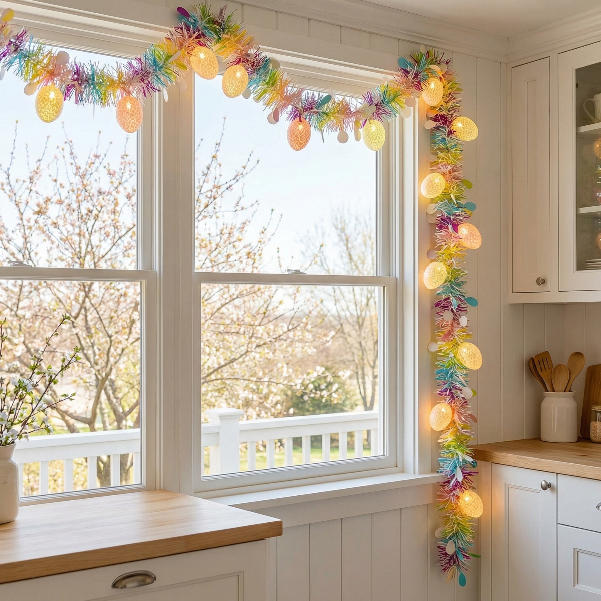 6.56FT Rainbow Easter Tinsel Garland with Egg String Lights