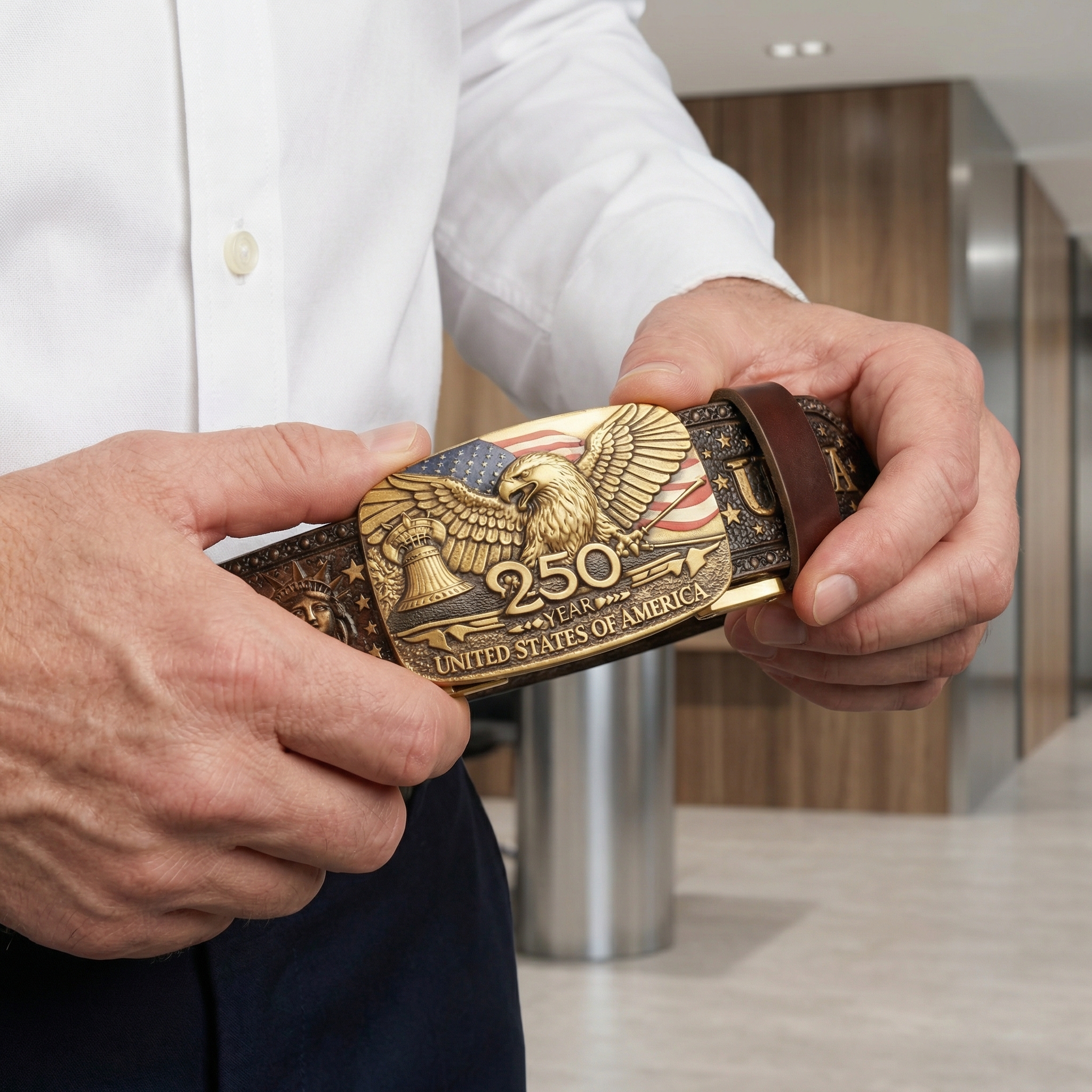 250th Anniversary USA Patriotic Leather Belt – Embossed Eagle Buckle, Genuine Cowhide, Adjustable Ratchet Belt for Men, 1776–2026 Commemorative Gift