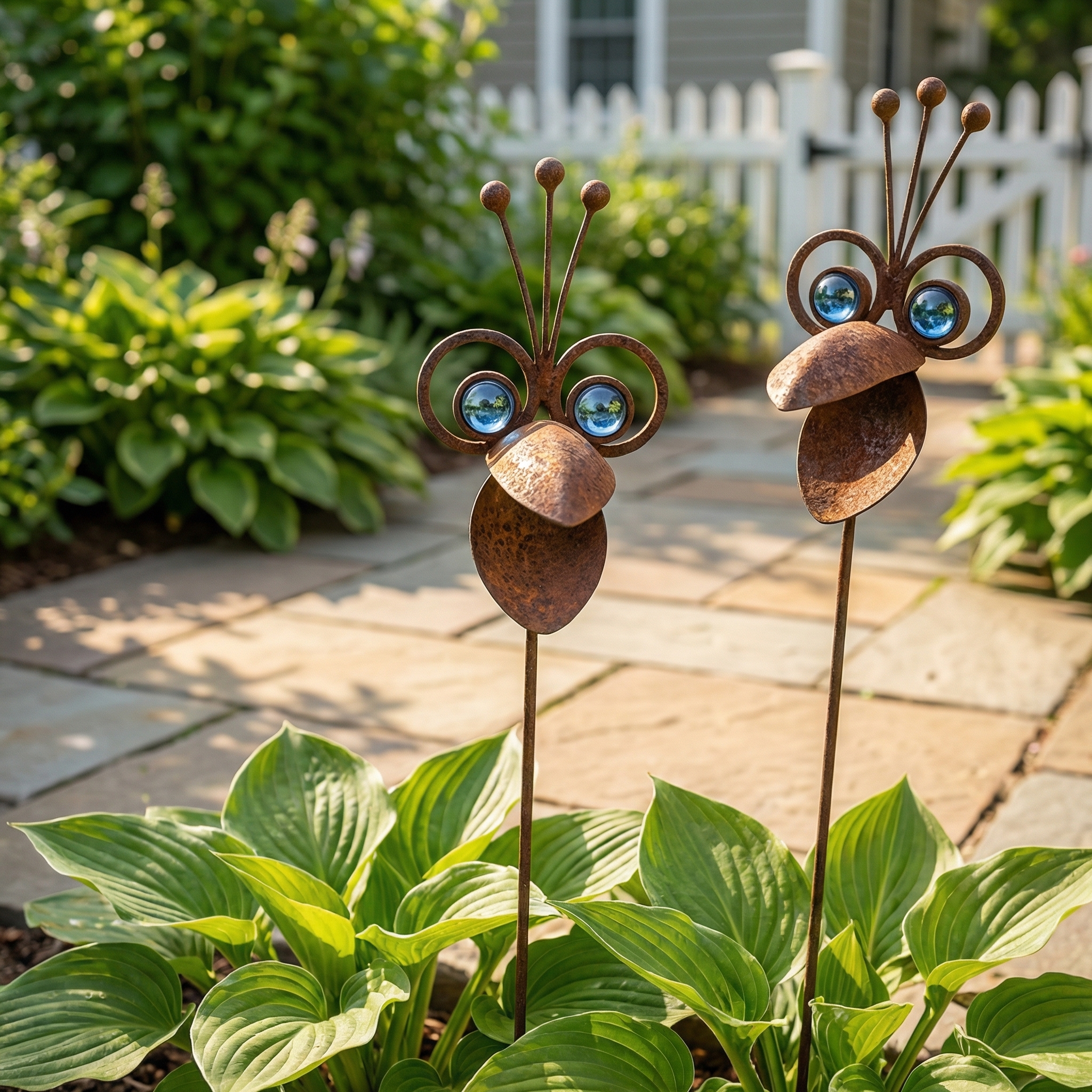 Set of 2 Vintage Rustic Iron Toucan Garden Stakes with Gem Eyes