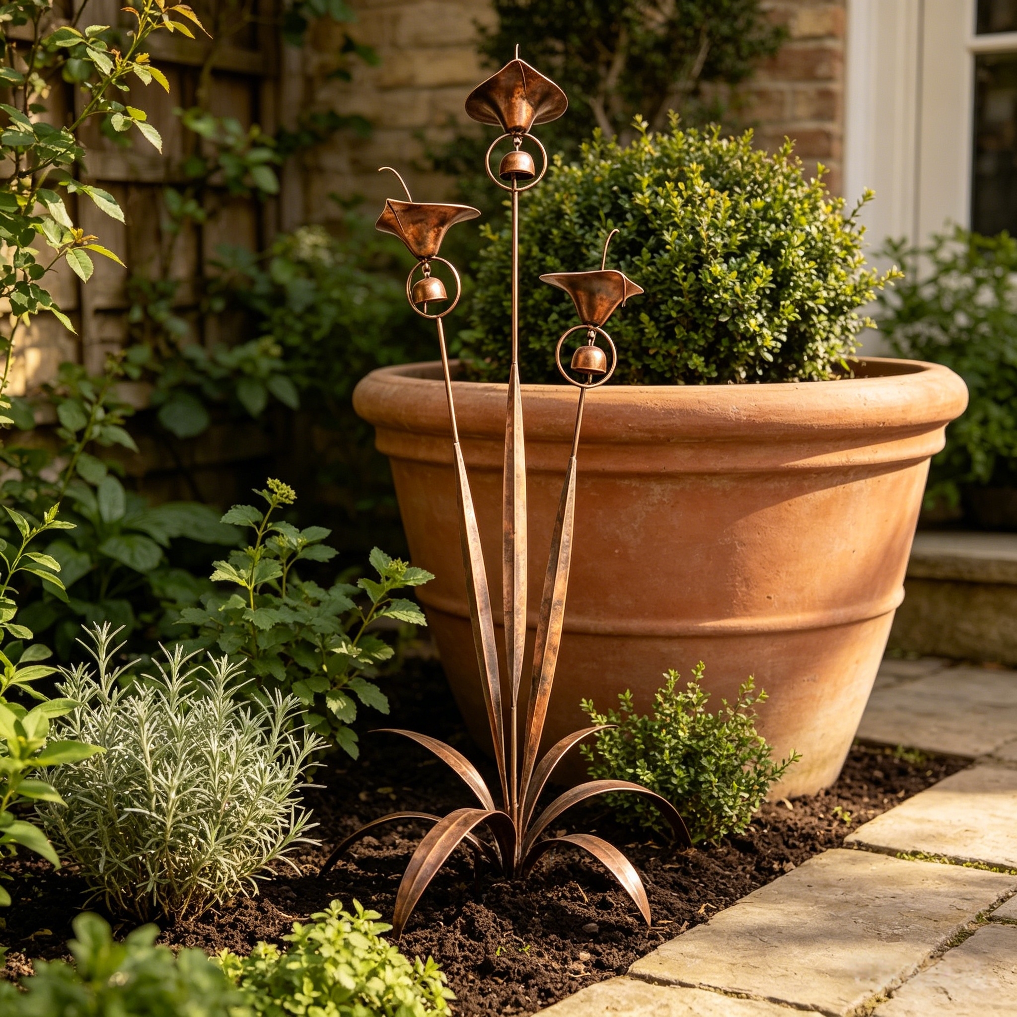 Flamed Copper Three Calla Lilies Garden Stake with Bells