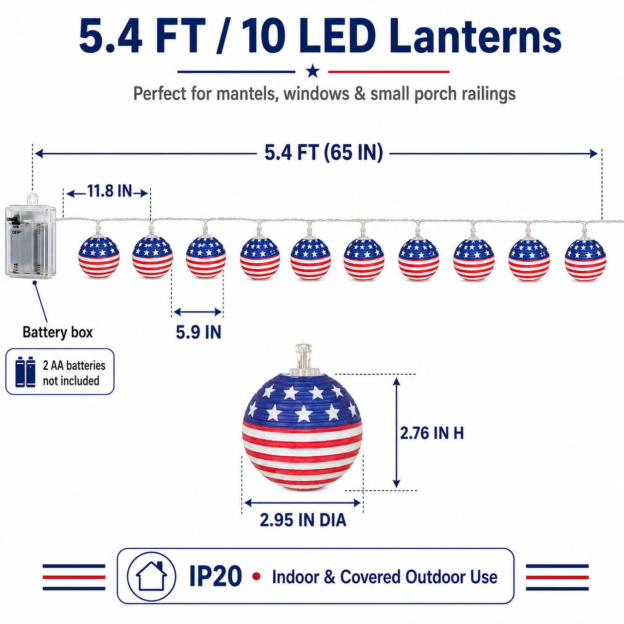 Patriotic American Flag Lantern String Lights