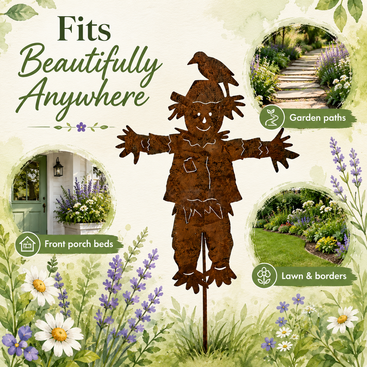 Rustic Metal Scarecrow Garden Stake with Crow