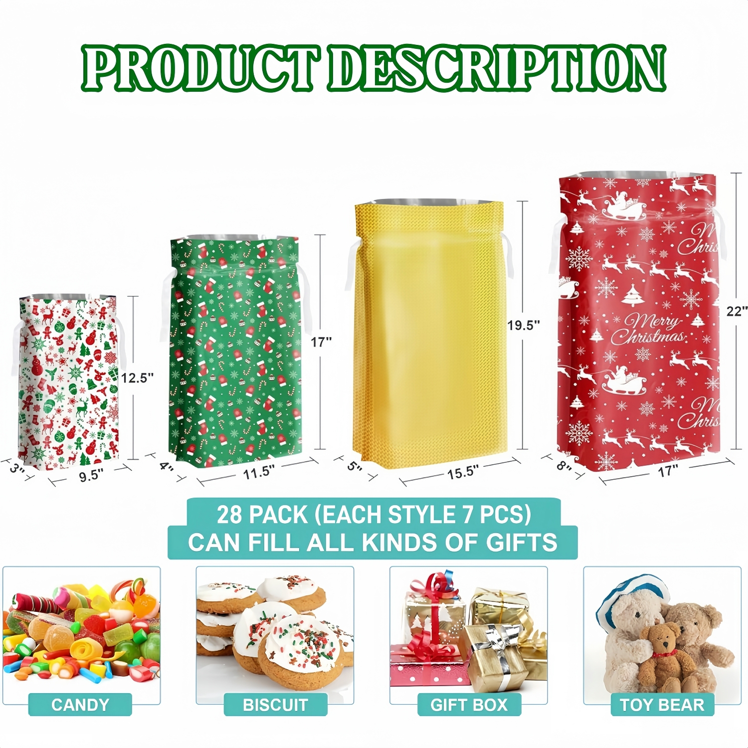 Christmas Drawstring Gift Bags (28 Pack + 30 kraft Tags)