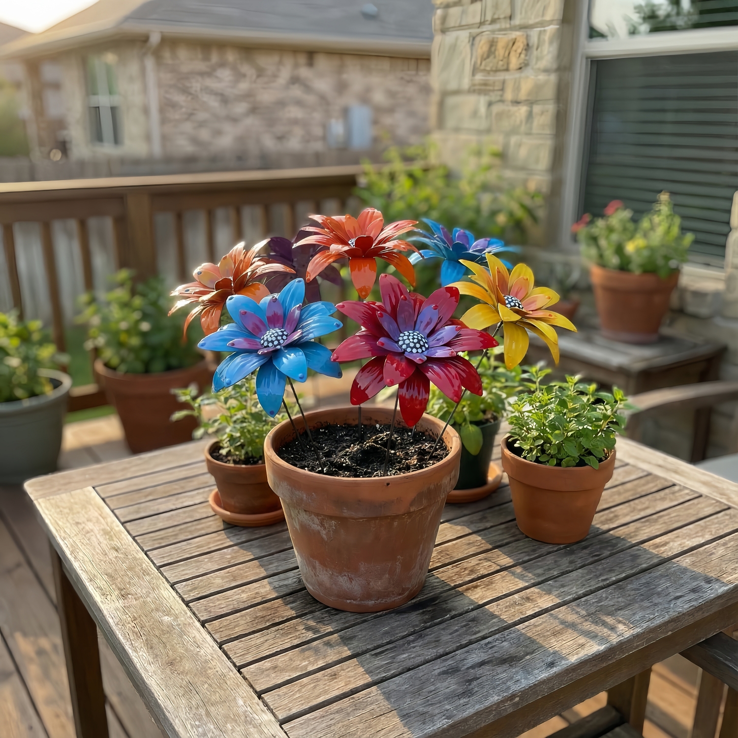 Rustic Metal Colorful Flowers Garden Stakes