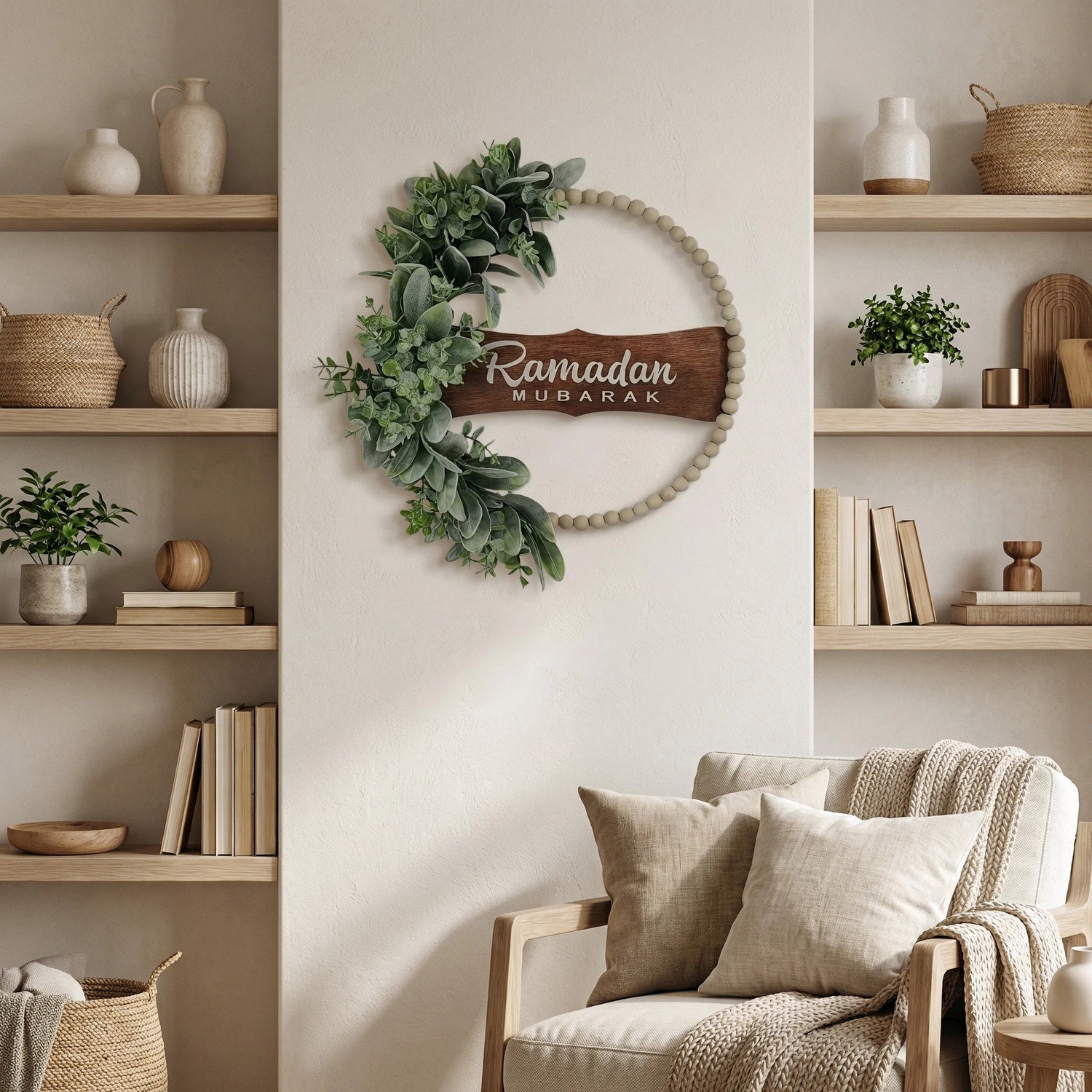 Ramadan Mubarak Wreath for Front Door – Greenery Decor for Ramadan & Eid