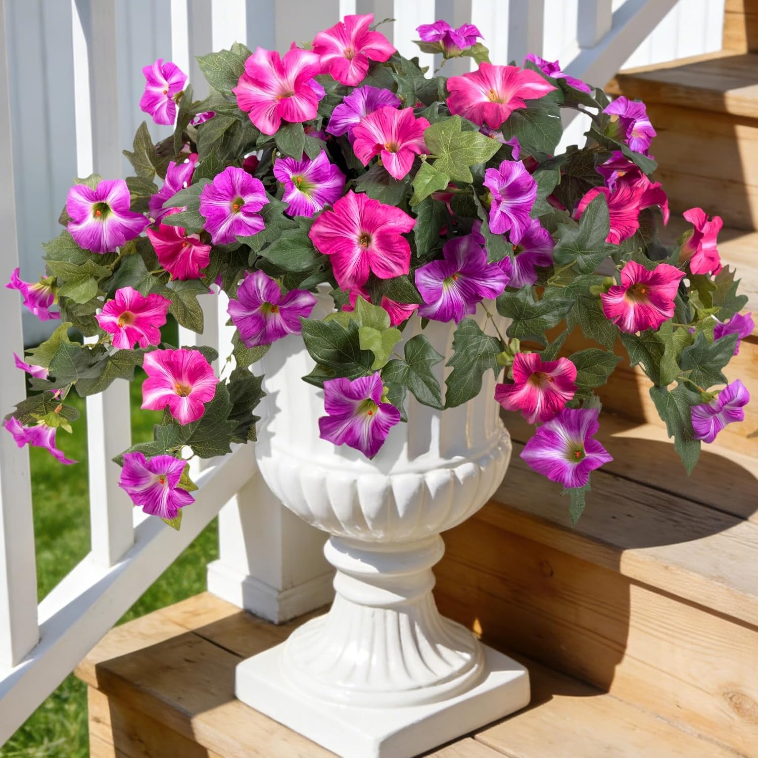 Artificial Petunia Flowers Outdoor UV Resistant – Faux Hanging Flower Arrangement, Realistic Silk Petunias for Porch, Patio, Garden, Balcony Decor