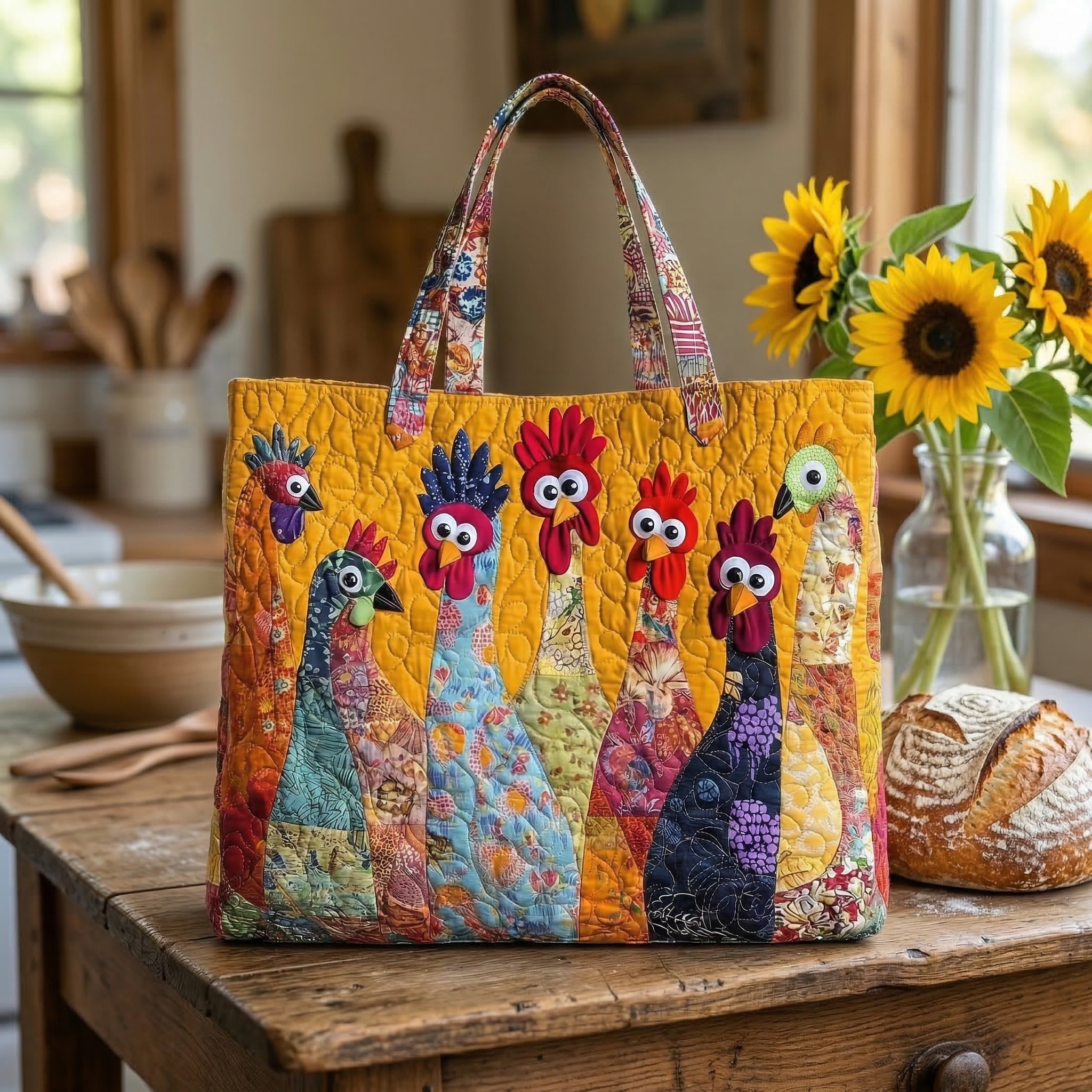 Colorful Chicken Patchwork Quilted Tote Bag
