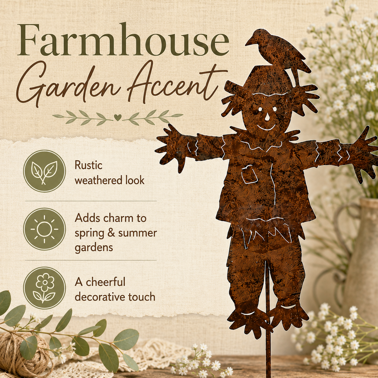 Rustic Metal Scarecrow Garden Stake with Crow
