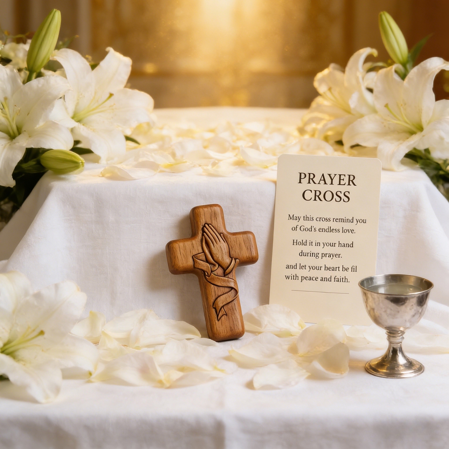 Hand-Carved Walnut Wood Pocket Prayer Cross with Card & Mesh Bag