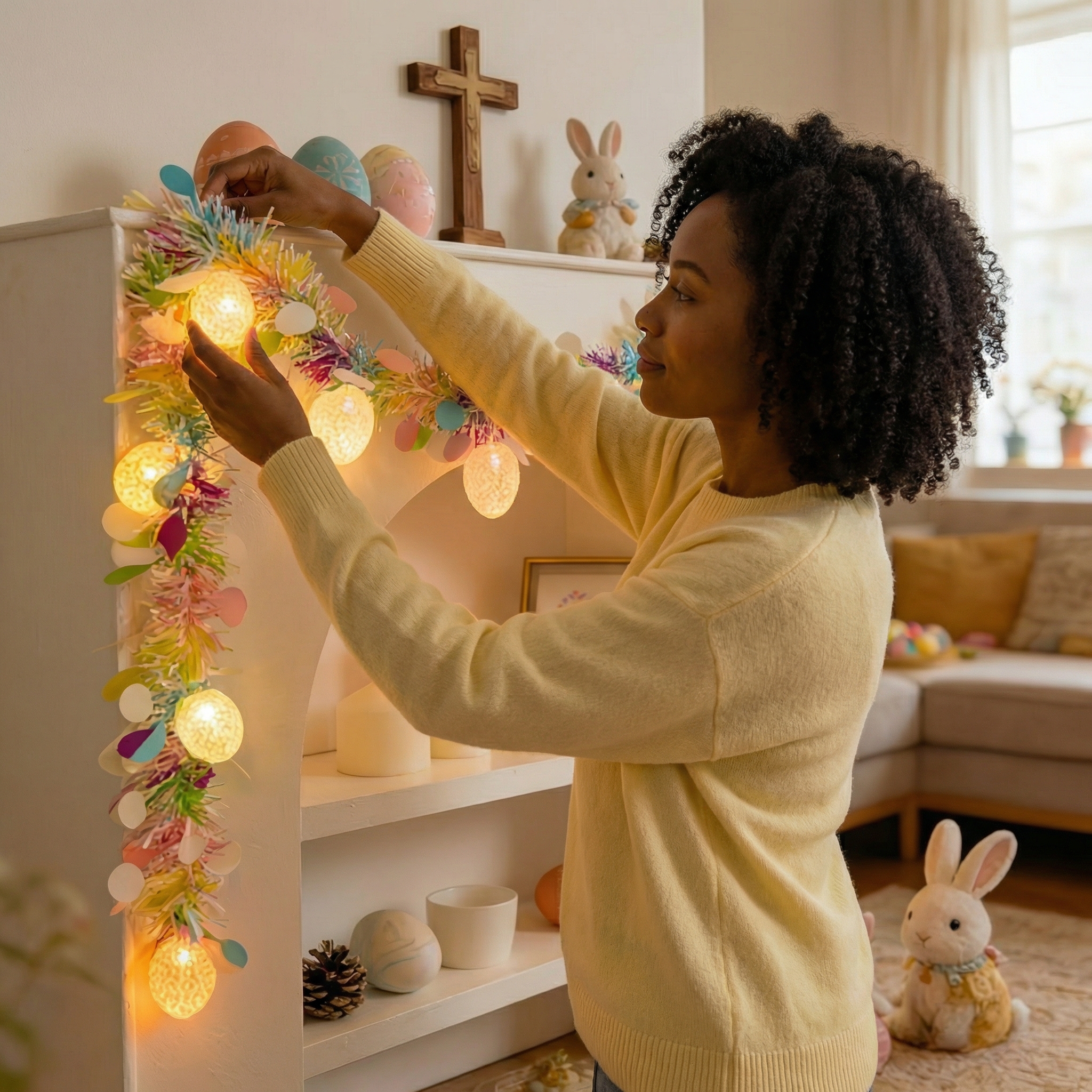 6.56FT Rainbow Easter Tinsel Garland with Egg String Lights
