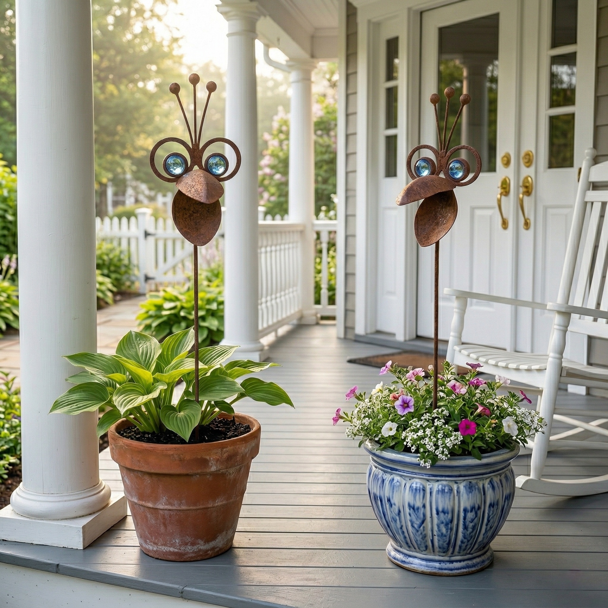 Set of 2 Rustic Toucan Garden Stakes with Gem Eyes – Sways Gently in the Breeze