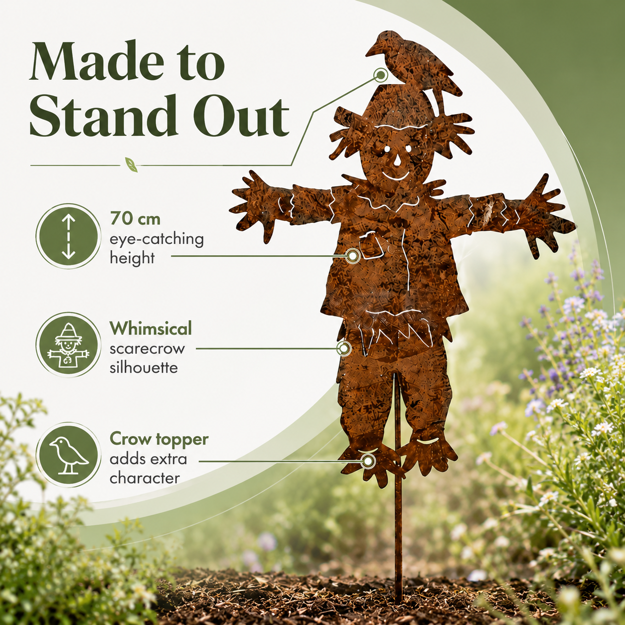 Rustic Metal Scarecrow Garden Stake with Crow
