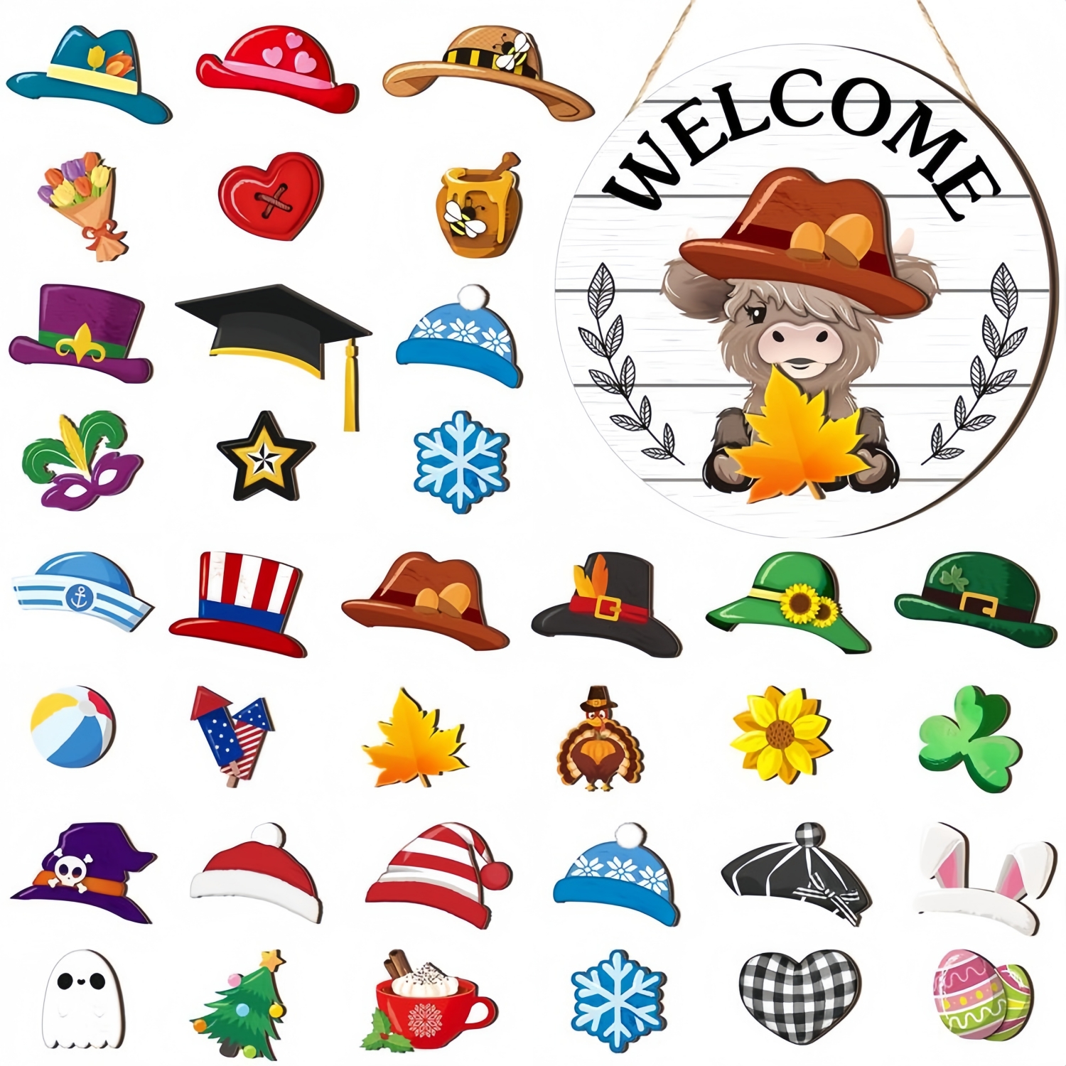 35Pcs Highland Cow Sign Interchangeable Welcome Sign