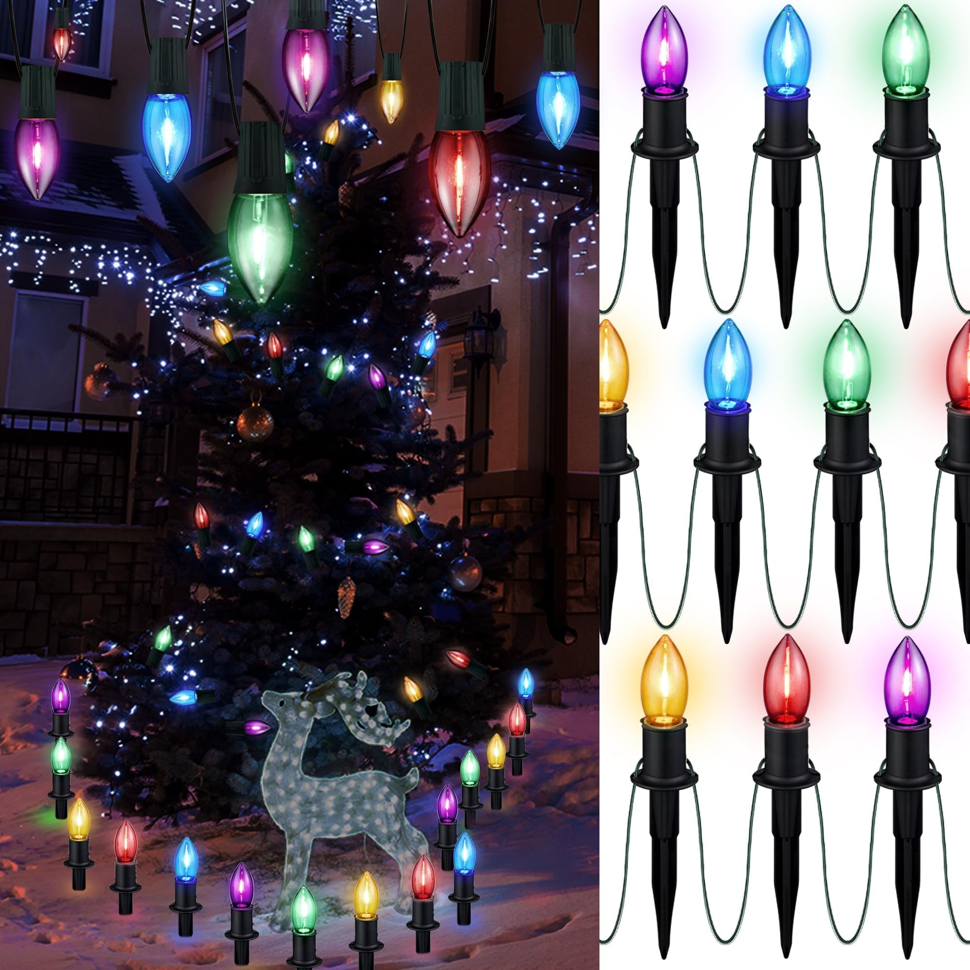 Outdoor Warm Christmas Pathway Lights – 24.2FT C9 LED Walkway String Lights with 20 Stakes