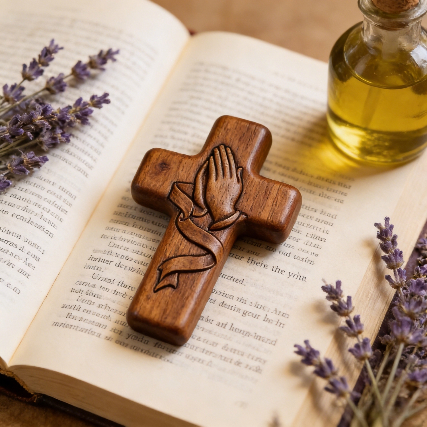 Hand-Carved Walnut Wood Pocket Prayer Cross with Card & Mesh Bag