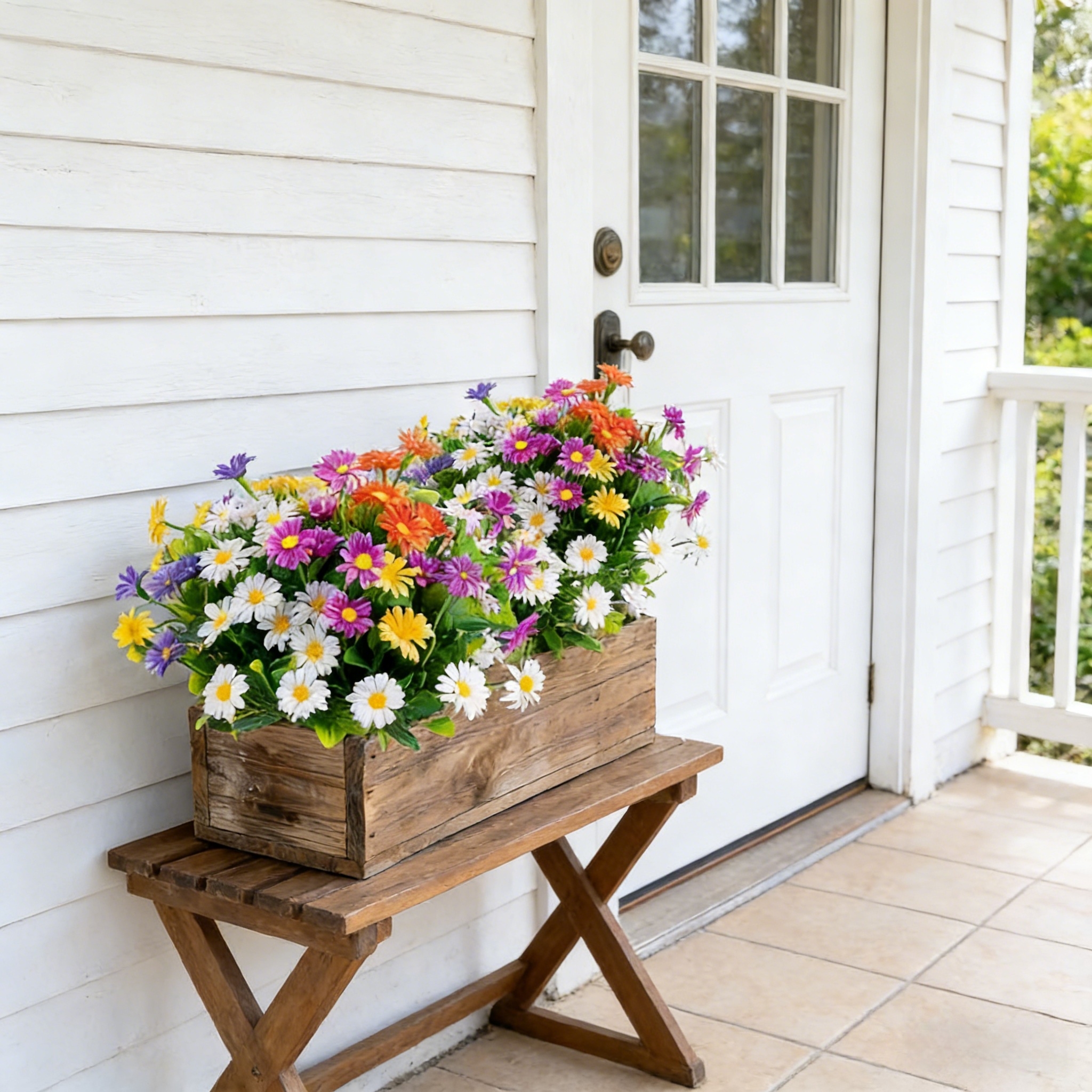 5 Bunches of Artificial Multicolor Outdoor Daisy Flower Bouquets, UV Resistant Faux Flowers for Garden, Porch & Window Box Spring Décor