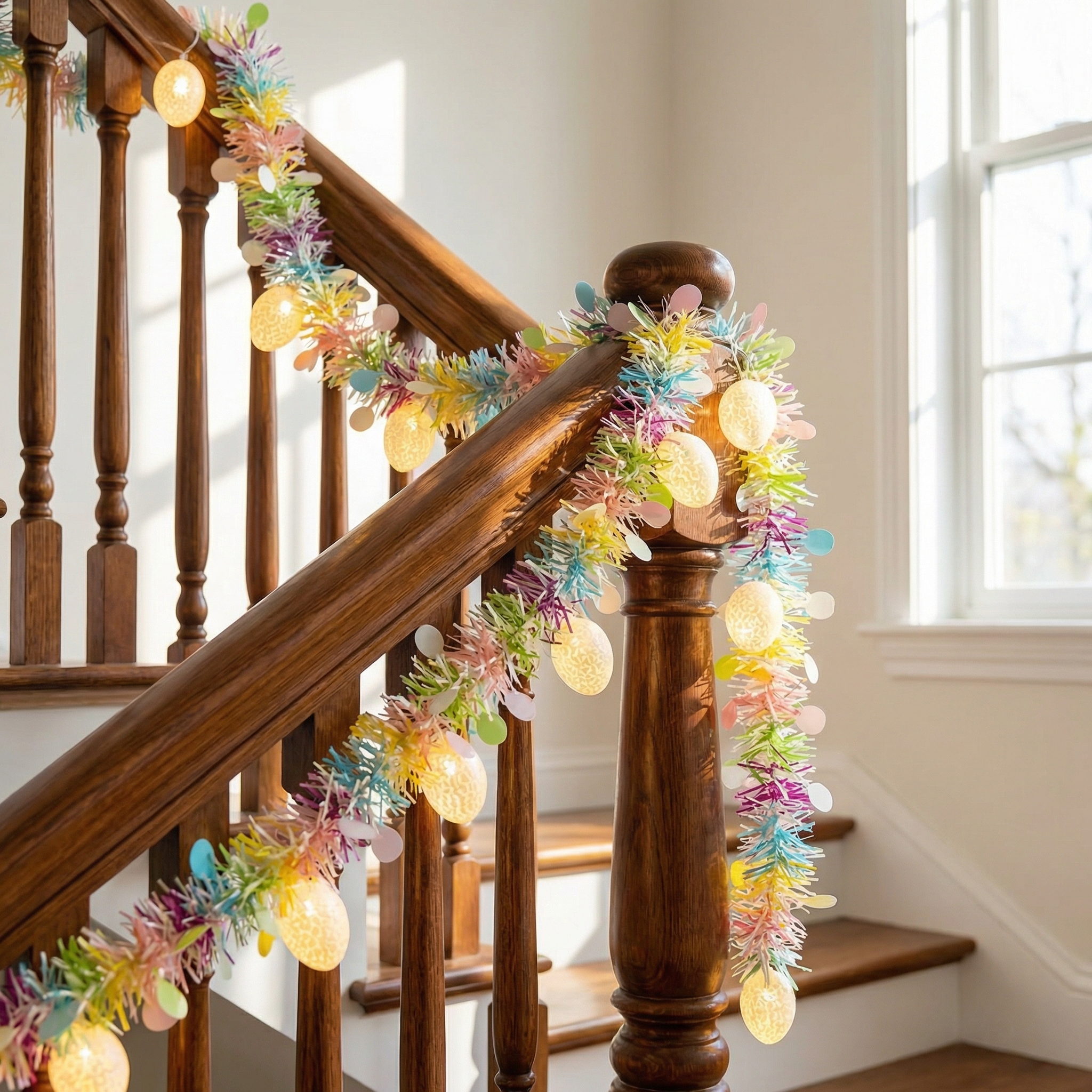 6.56FT Rainbow Easter Tinsel Garland with Egg String Lights