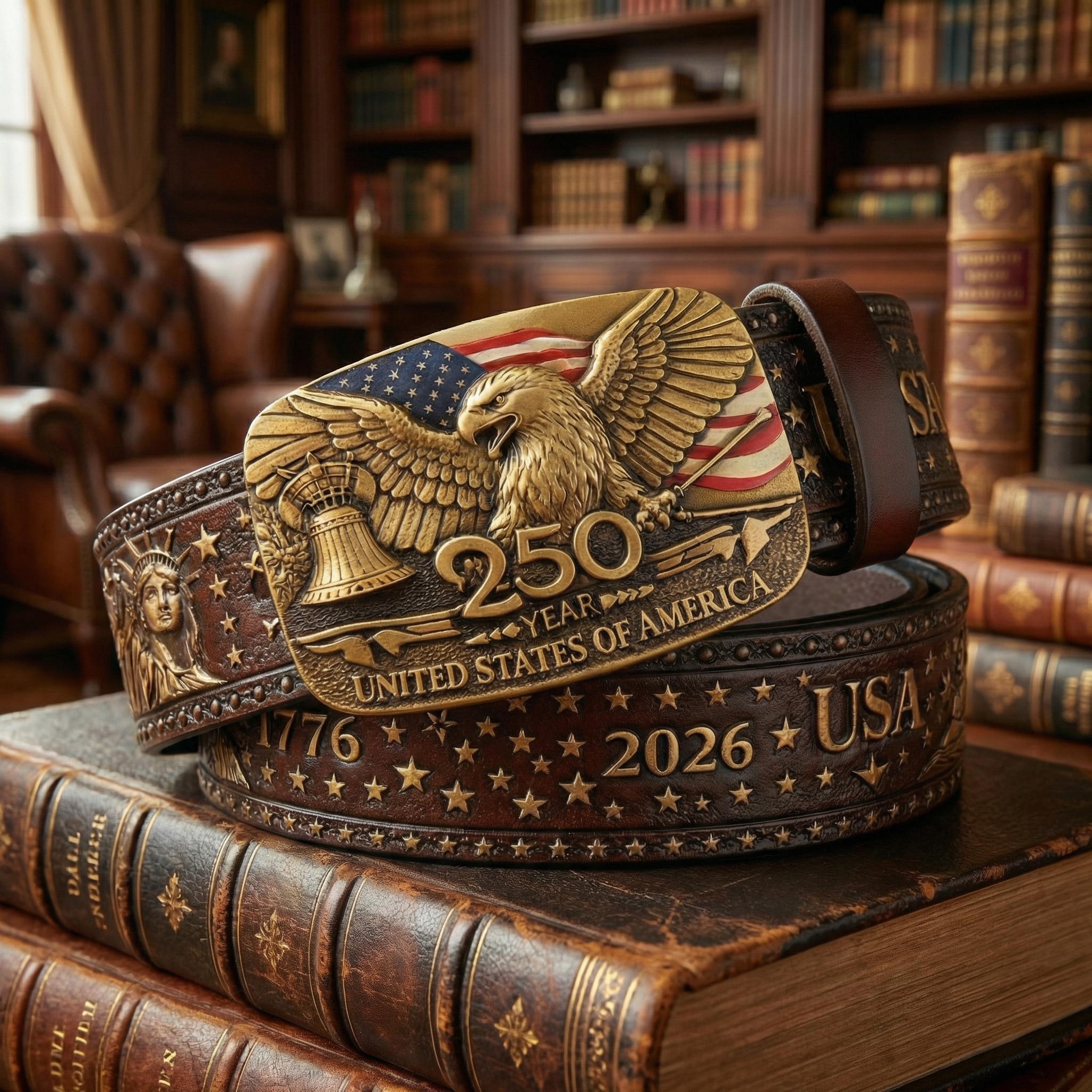 250th Anniversary USA Patriotic Leather Belt – Embossed Eagle Buckle, Genuine Cowhide, Adjustable Ratchet Belt for Men, 1776–2026 Commemorative Gift