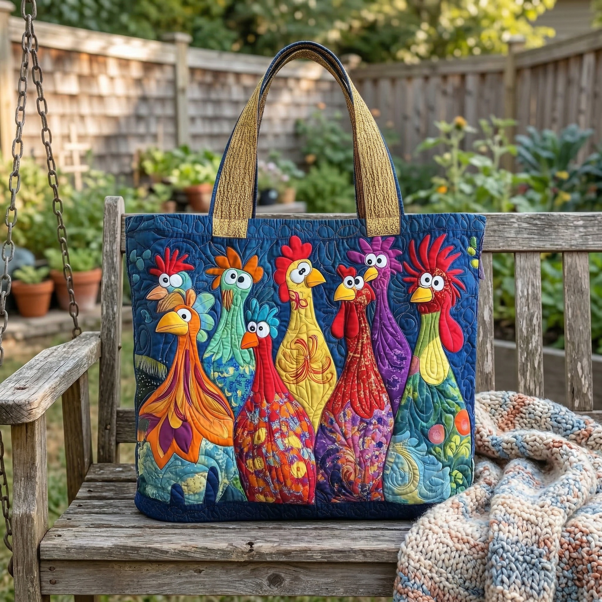 Colorful Chicken Patchwork Quilted Tote Bag