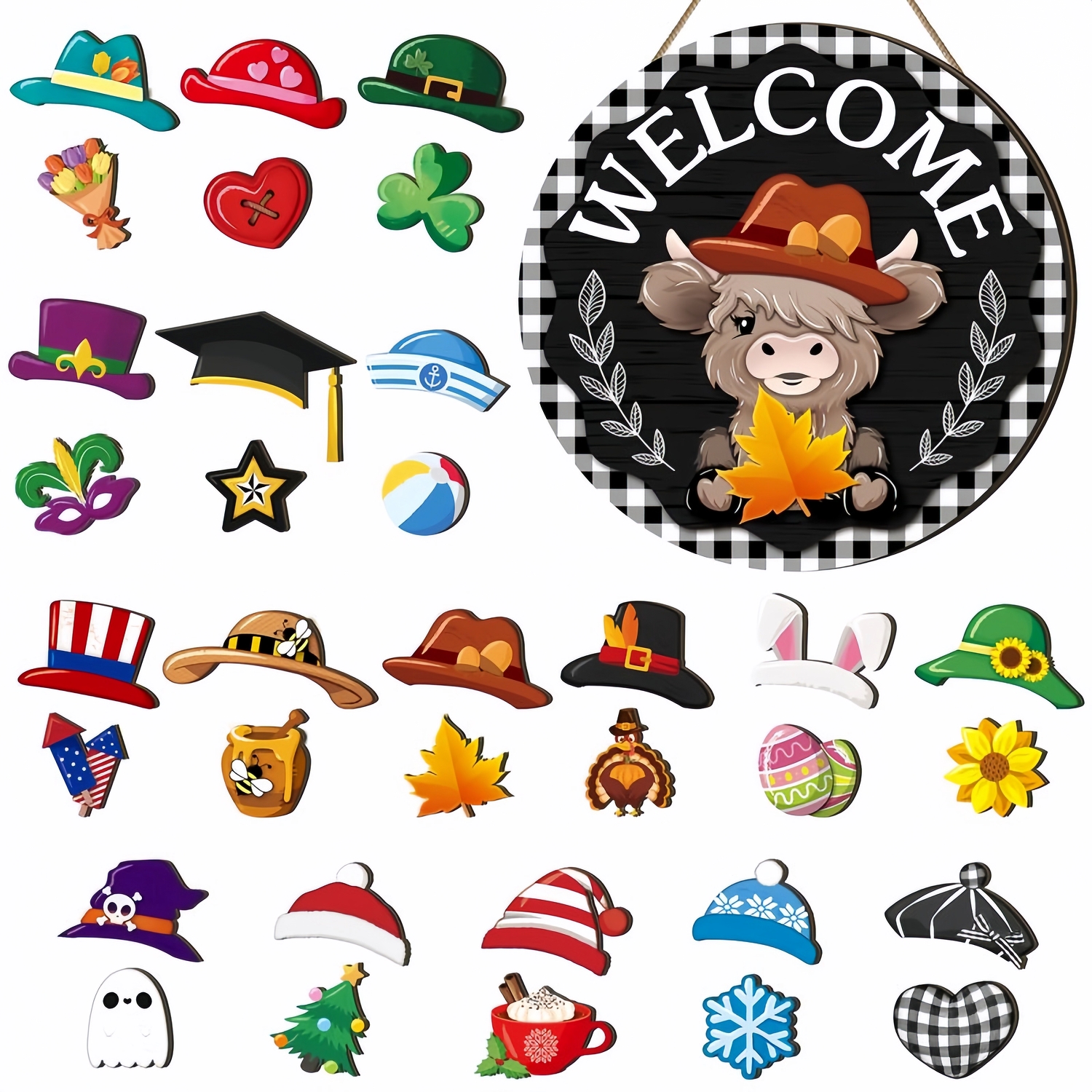 35Pcs Highland Cow Sign Interchangeable Welcome Sign