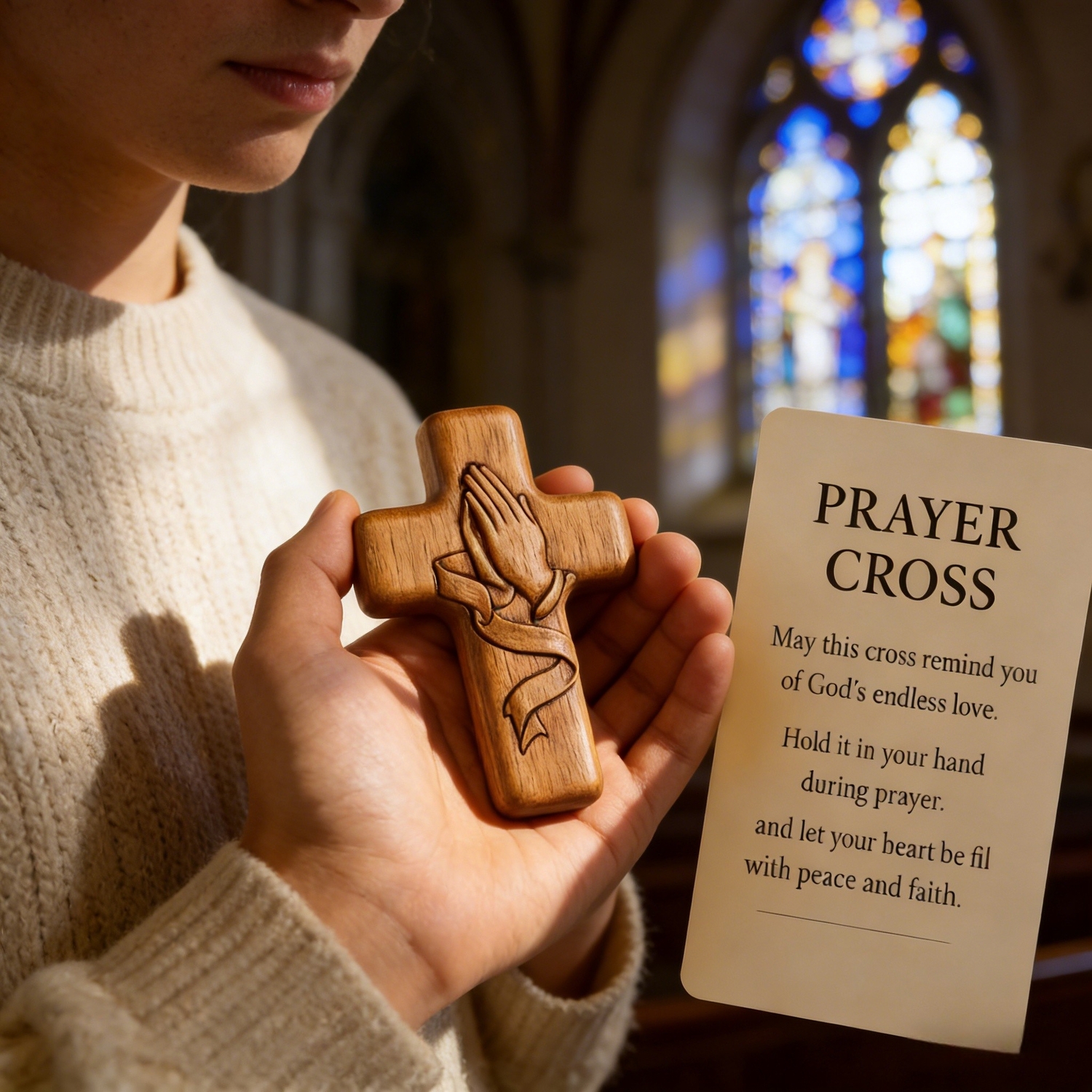 Hand-Carved Walnut Wood Pocket Prayer Cross with Card & Mesh Bag