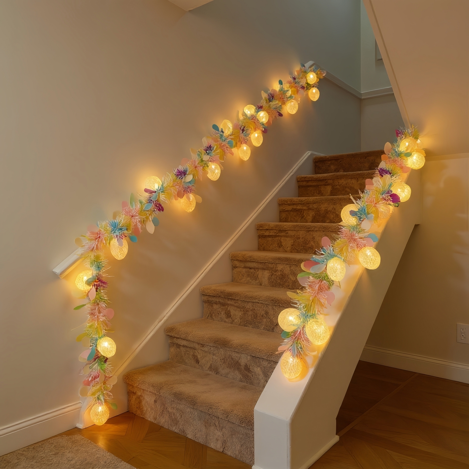 Rainbow Easter Tinsel Garland with Egg String Lights
