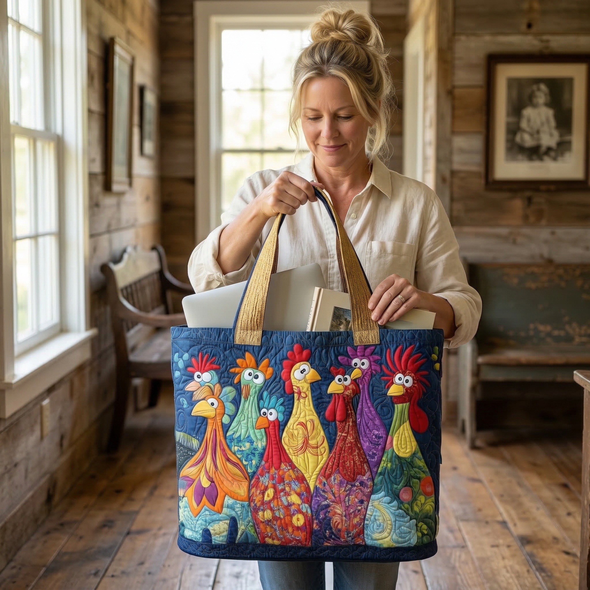 Colorful Chicken Patchwork Quilted Tote Bag