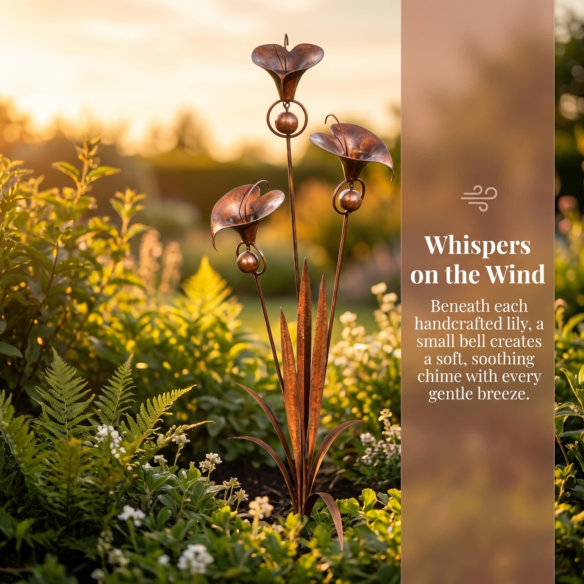 Flamed Copper Three Calla Lilies Garden Stake with Bells