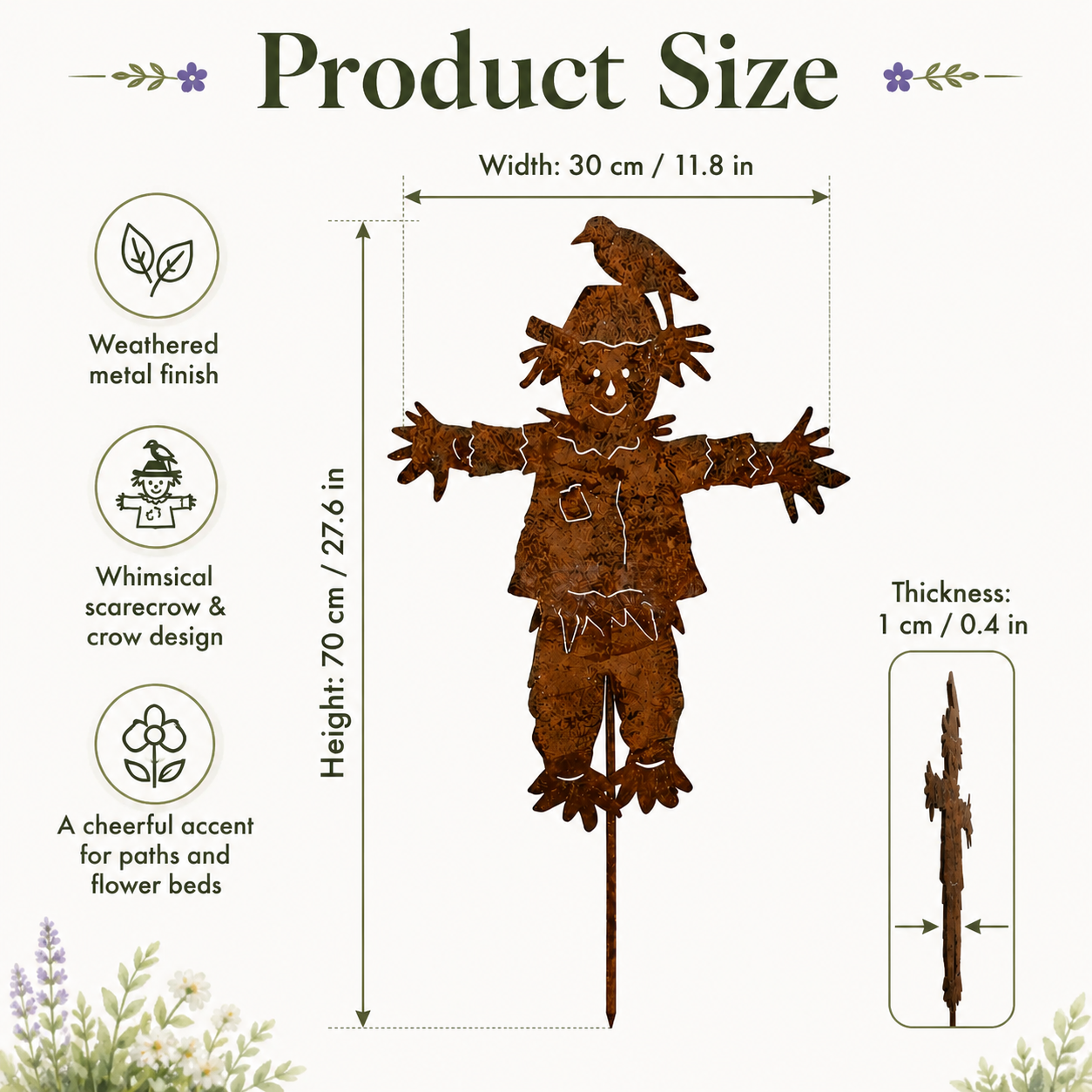 Rustic Metal Scarecrow Garden Stake with Crow