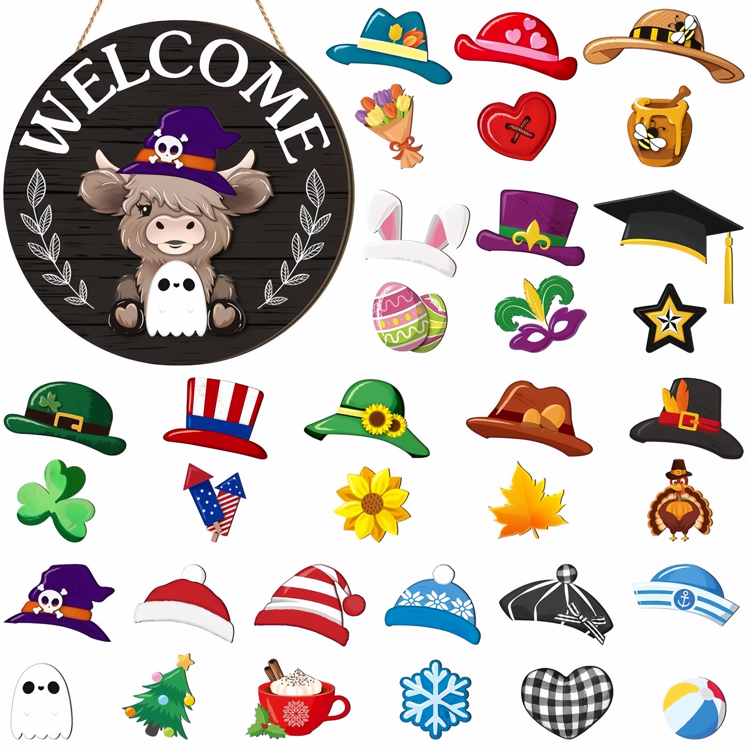 35Pcs Highland Cow Sign Interchangeable Welcome Sign