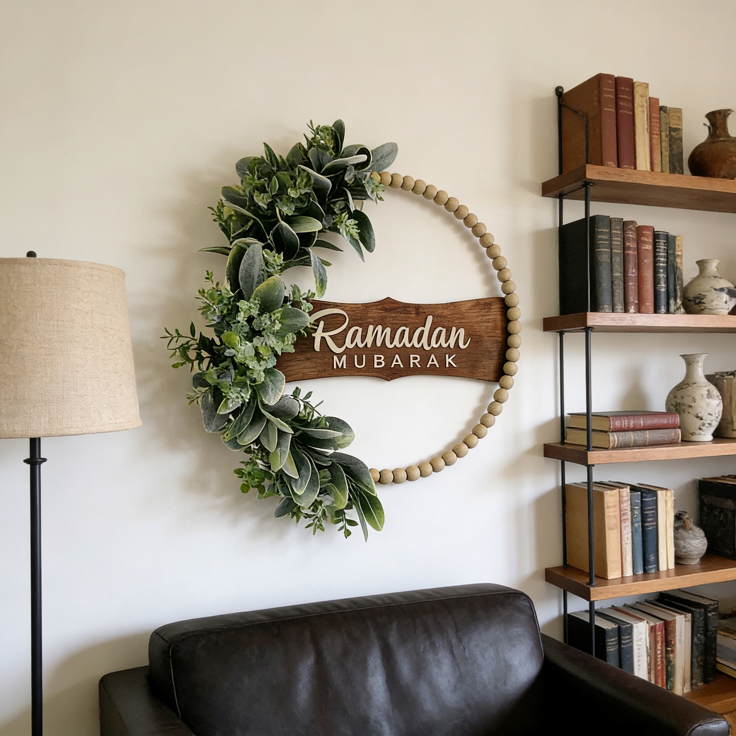 Ramadan Mubarak Wreath for Front Door – Greenery Decor for Ramadan & Eid