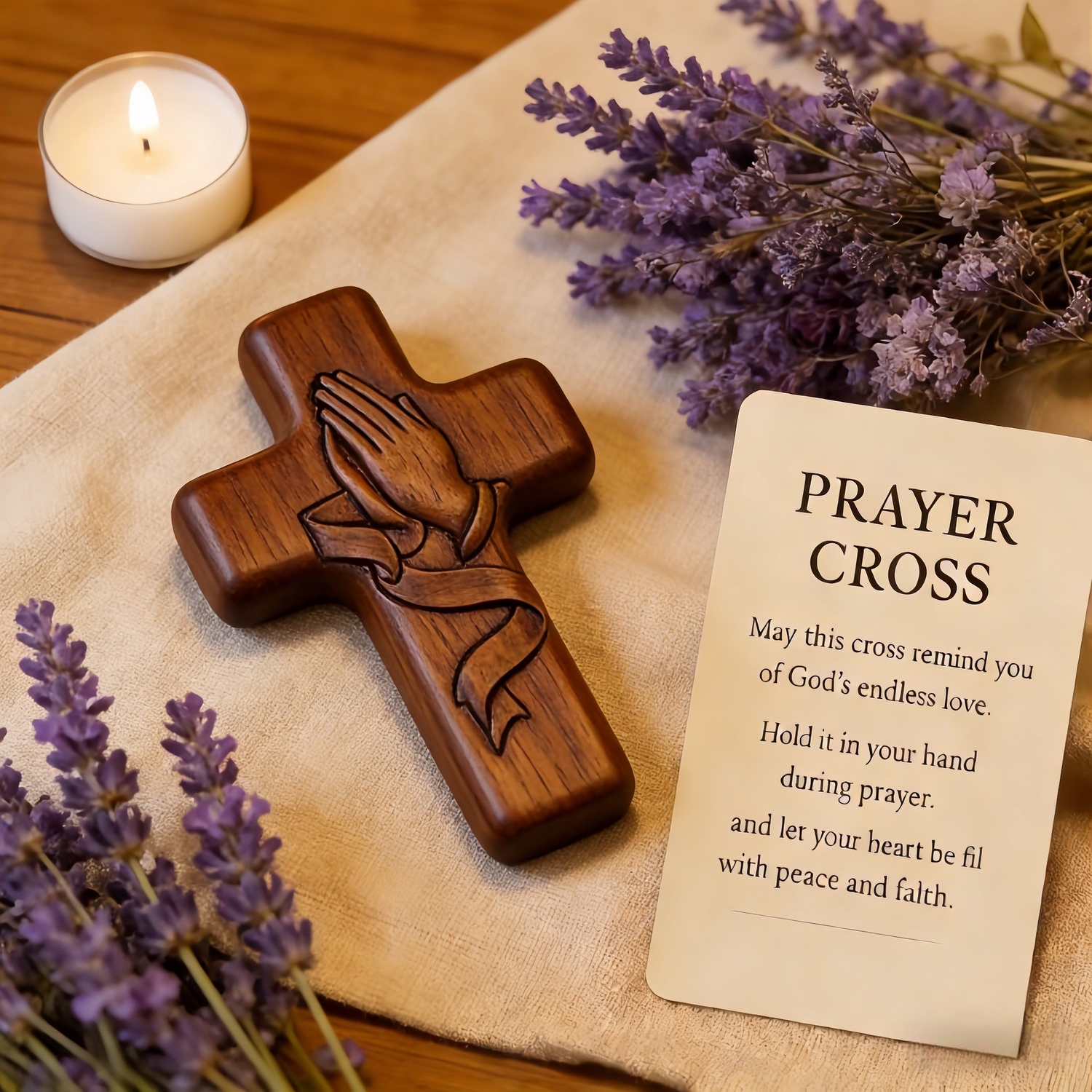 Hand-Carved Walnut Wood Pocket Prayer Cross with Card & Mesh Bag