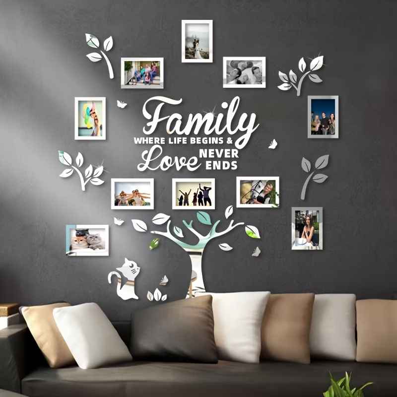 Family Tree Mirror Wall Art Set with Photo Frames – "Family Where Life Begins & Love Never Ends" Boho Cat Gallery Wall Décor