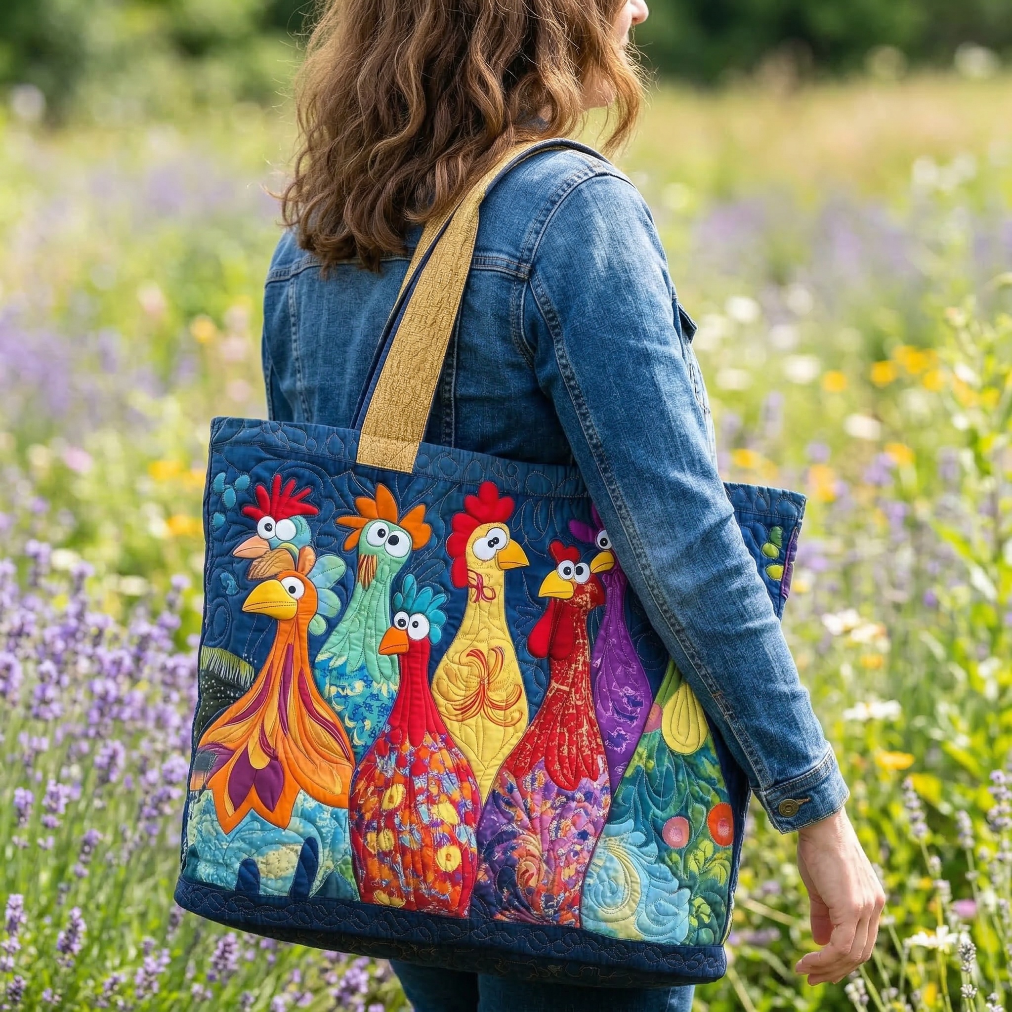 Colorful Chicken Patchwork Quilted Tote Bag