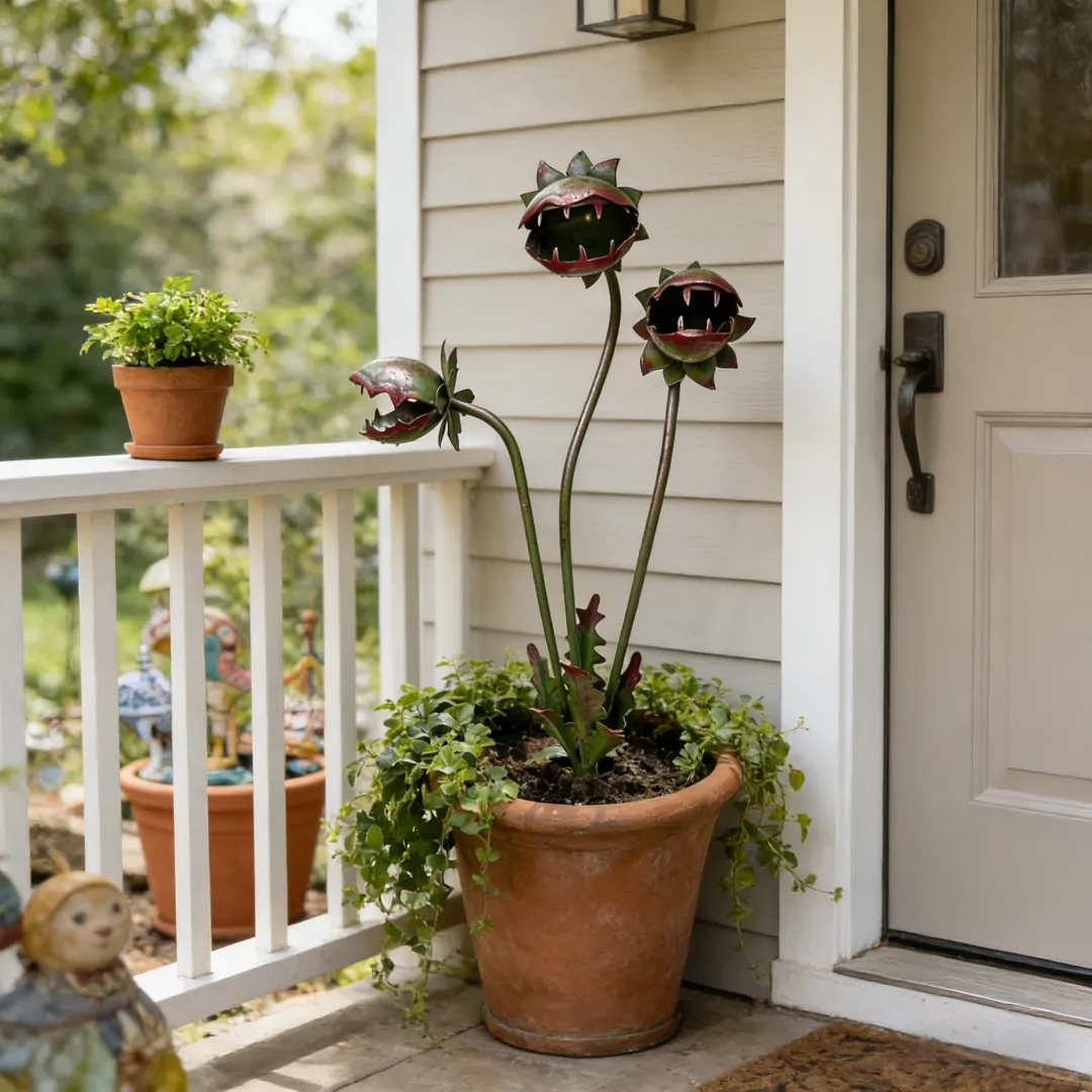 Whimsical Metal Carnivorous Plant Garden Stake for Outdoor Decor