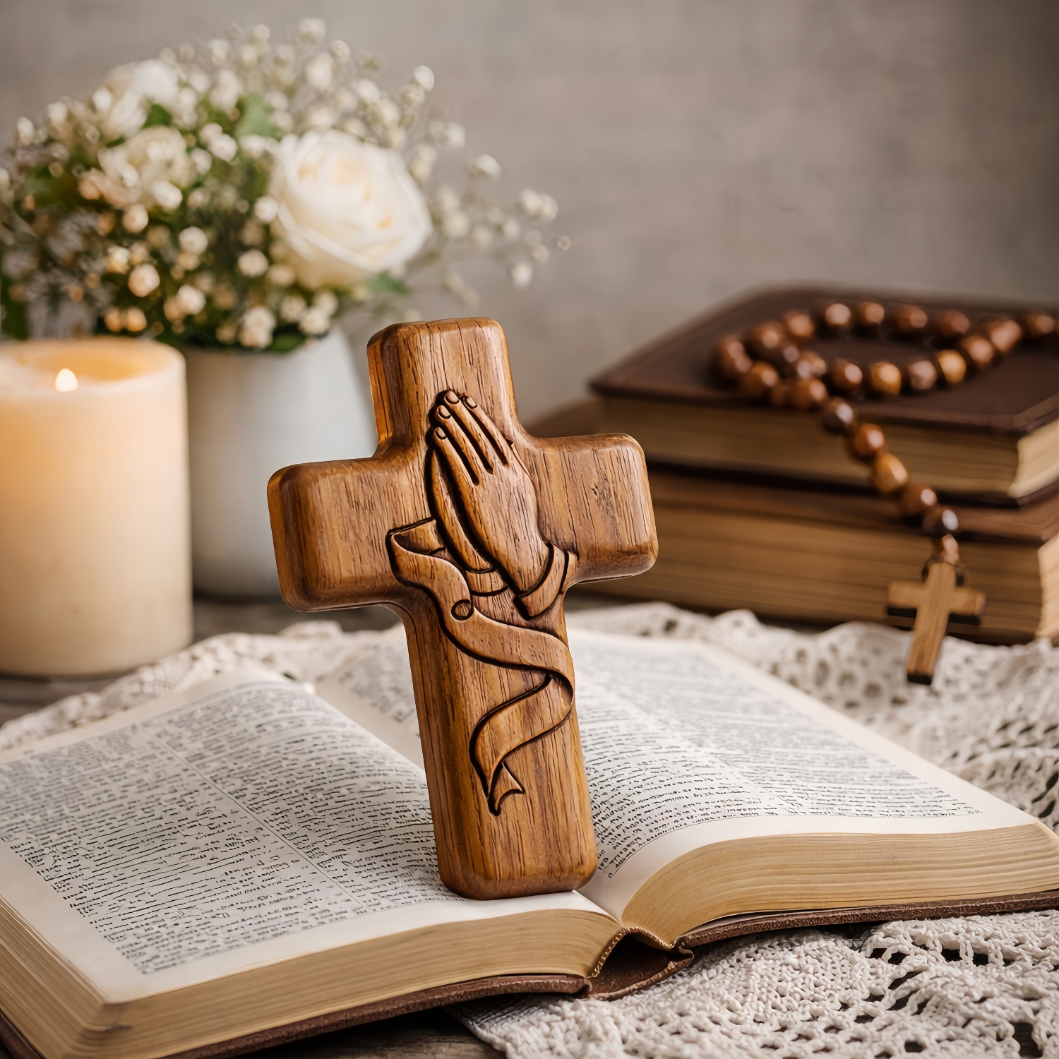 Hand-Carved Walnut Wood Pocket Prayer Cross with Card & Mesh Bag