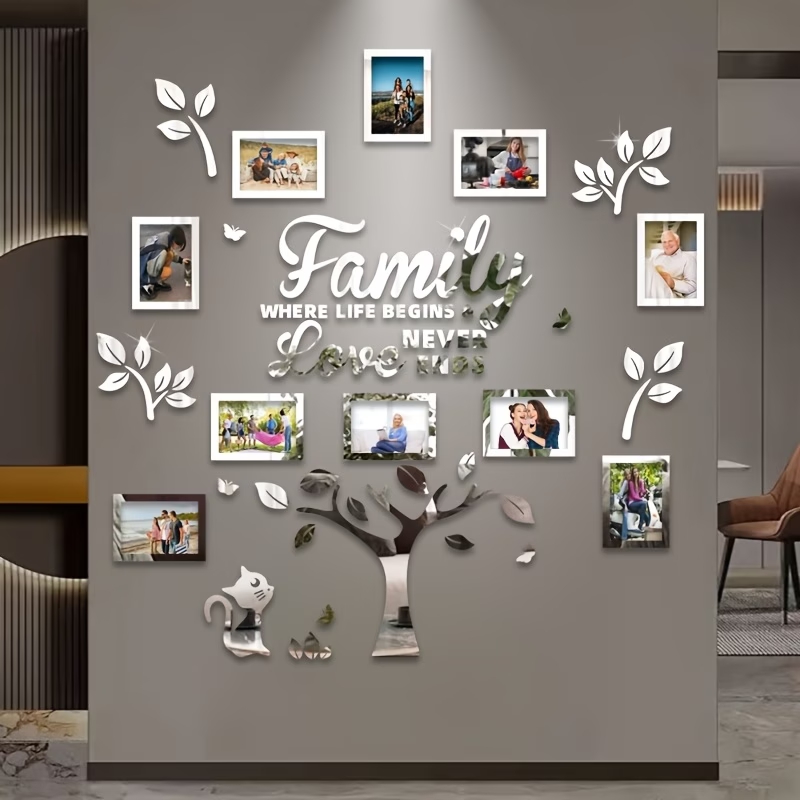 Family Tree Mirror Wall Art Set with Photo Frames – "Family Where Life Begins & Love Never Ends" Boho Cat Gallery Wall Décor