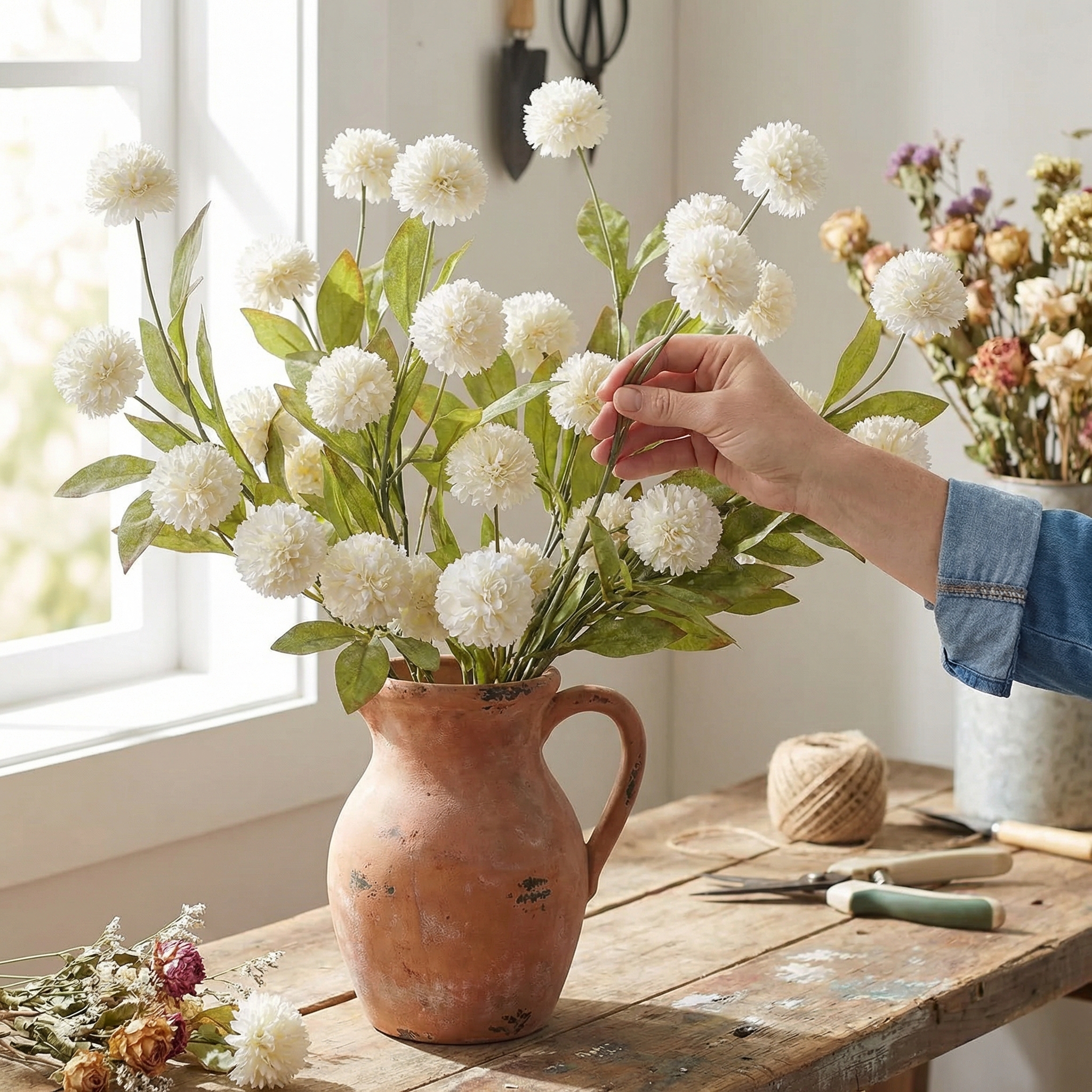 Faux Silk Pom Pom Mum Stems