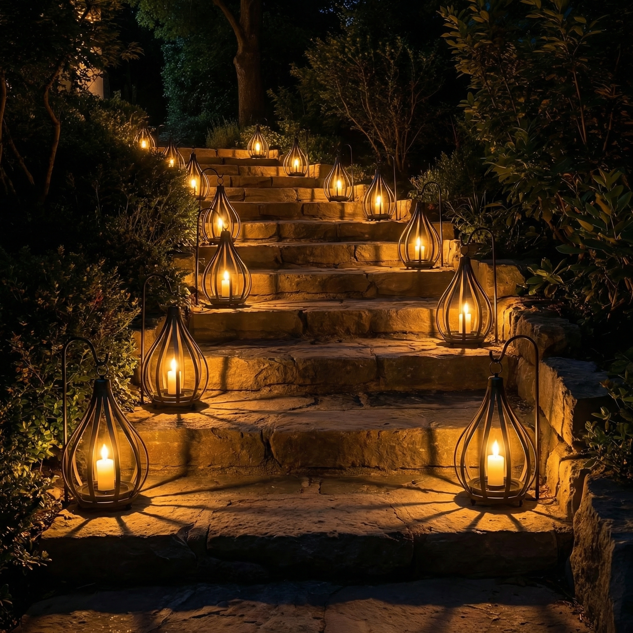 Solar Outdoor Pendant Light, Teardrop Candle Lantern Pathway Light with Pole, Warm White Flickering Flame Effect