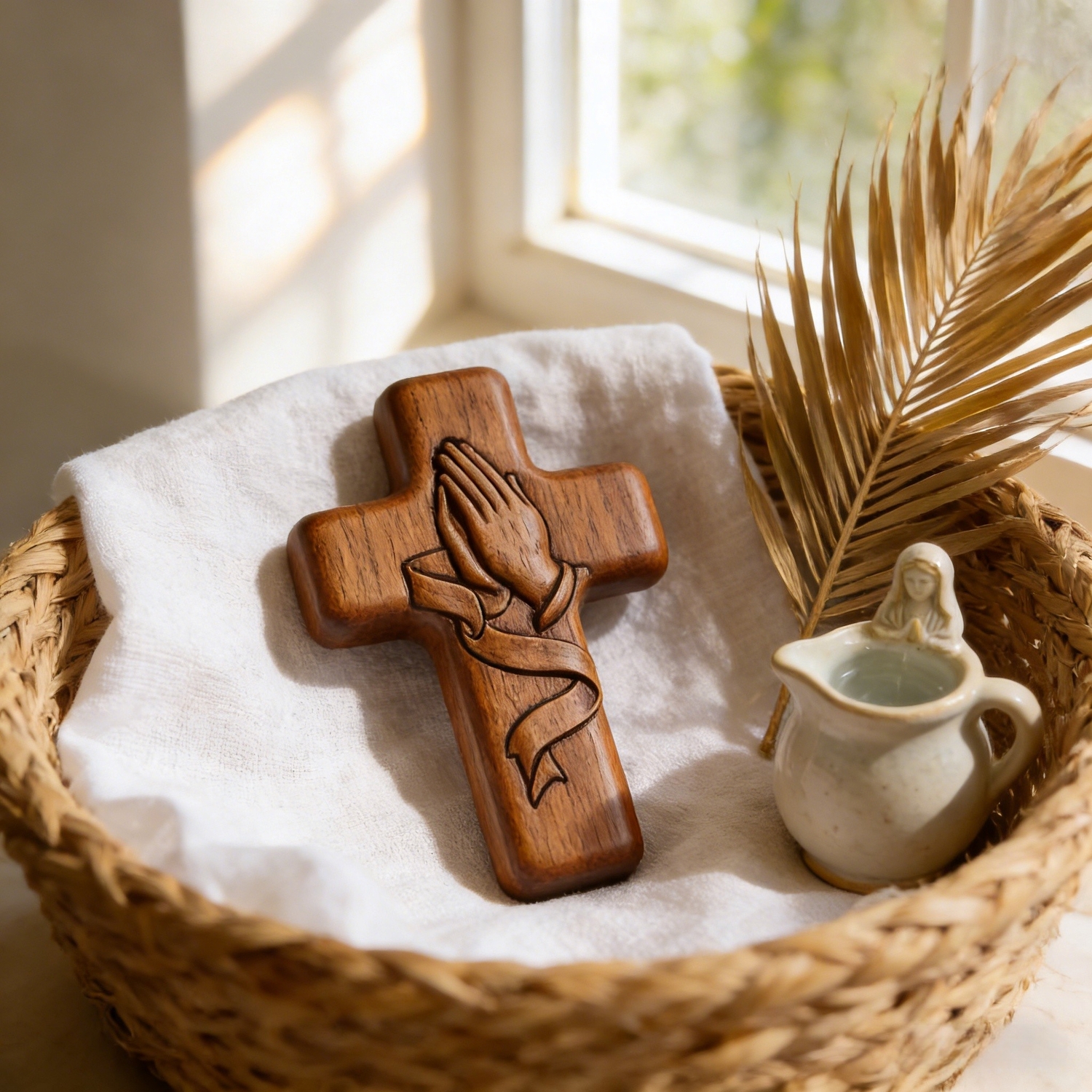 Hand-Carved Walnut Wood Pocket Prayer Cross with Card & Mesh Bag