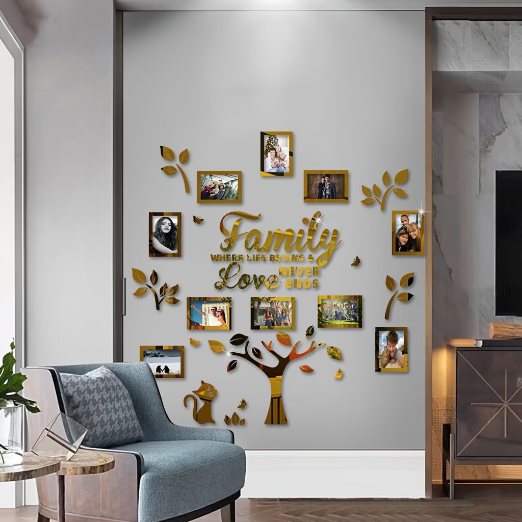 Family Tree Mirror Wall Art Set with Photo Frames – "Family Where Life Begins & Love Never Ends" Boho Cat Gallery Wall Décor