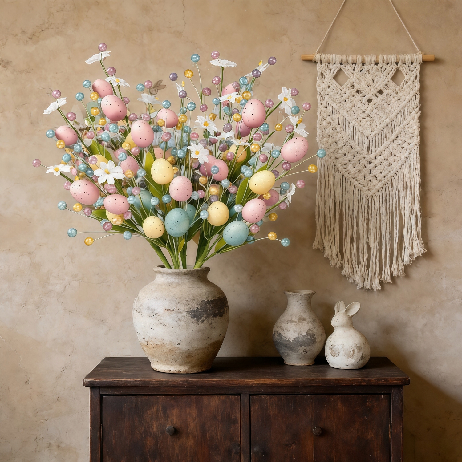 Set of 2 Artificial Easter Egg Berry Stems – Colorful Spring Picks with Pastel Eggs, Berries & Leaves for Vase Decor, Table Centerpieces & Mantel Styling (Indoor/Outdoor)