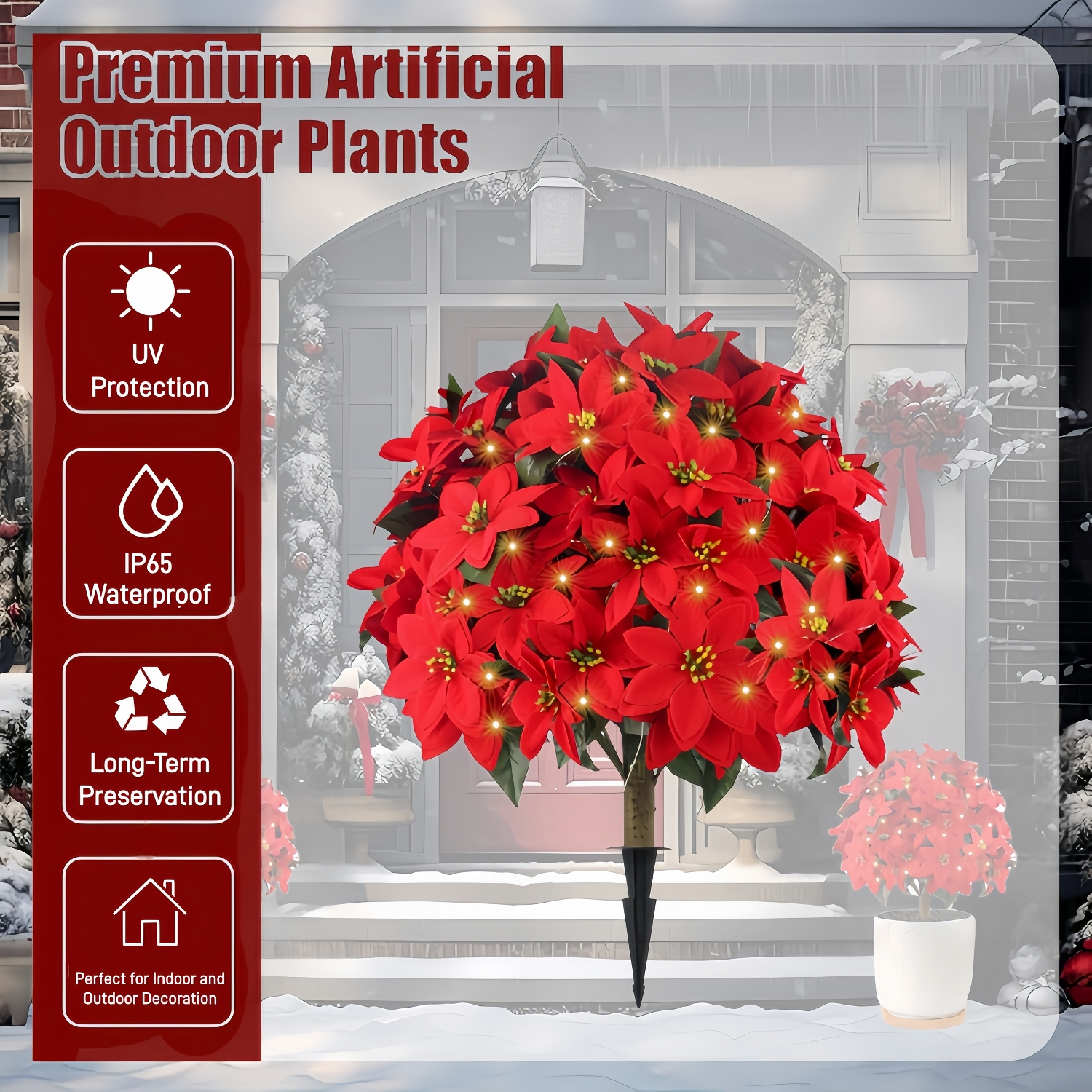 Artificial Poinsettia Flower Topiary Tree with 50LED Lights - UV resistant, Waterproof, Windproof