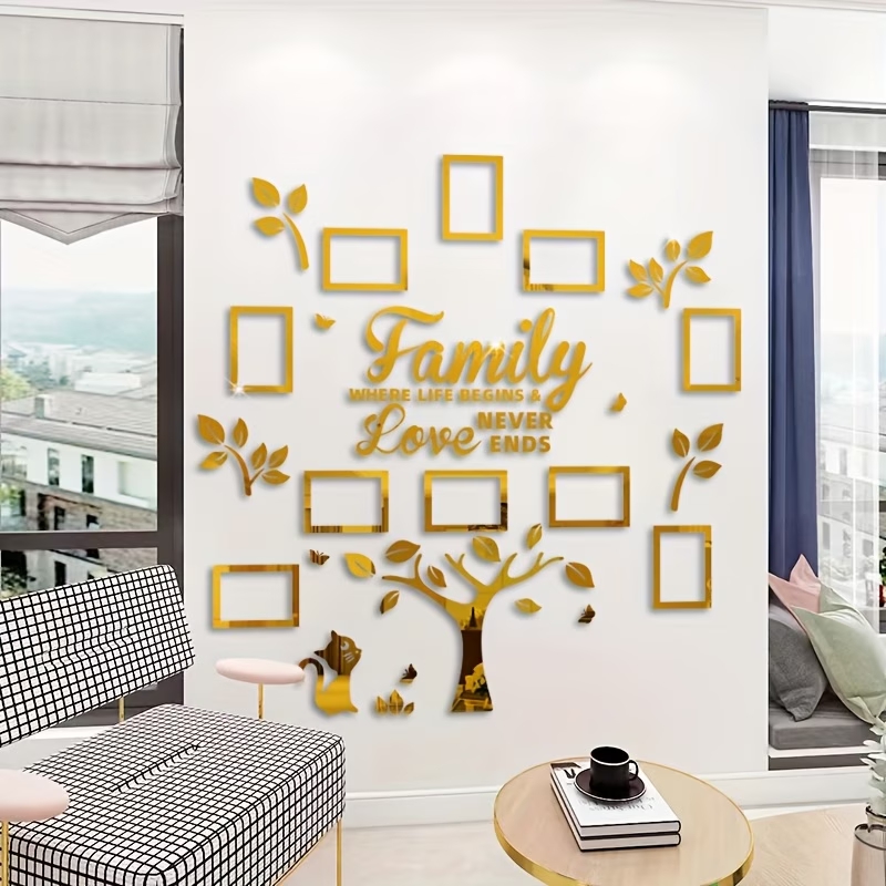 Family Tree Mirror Wall Art Set with Photo Frames – "Family Where Life Begins & Love Never Ends" Boho Cat Gallery Wall Décor
