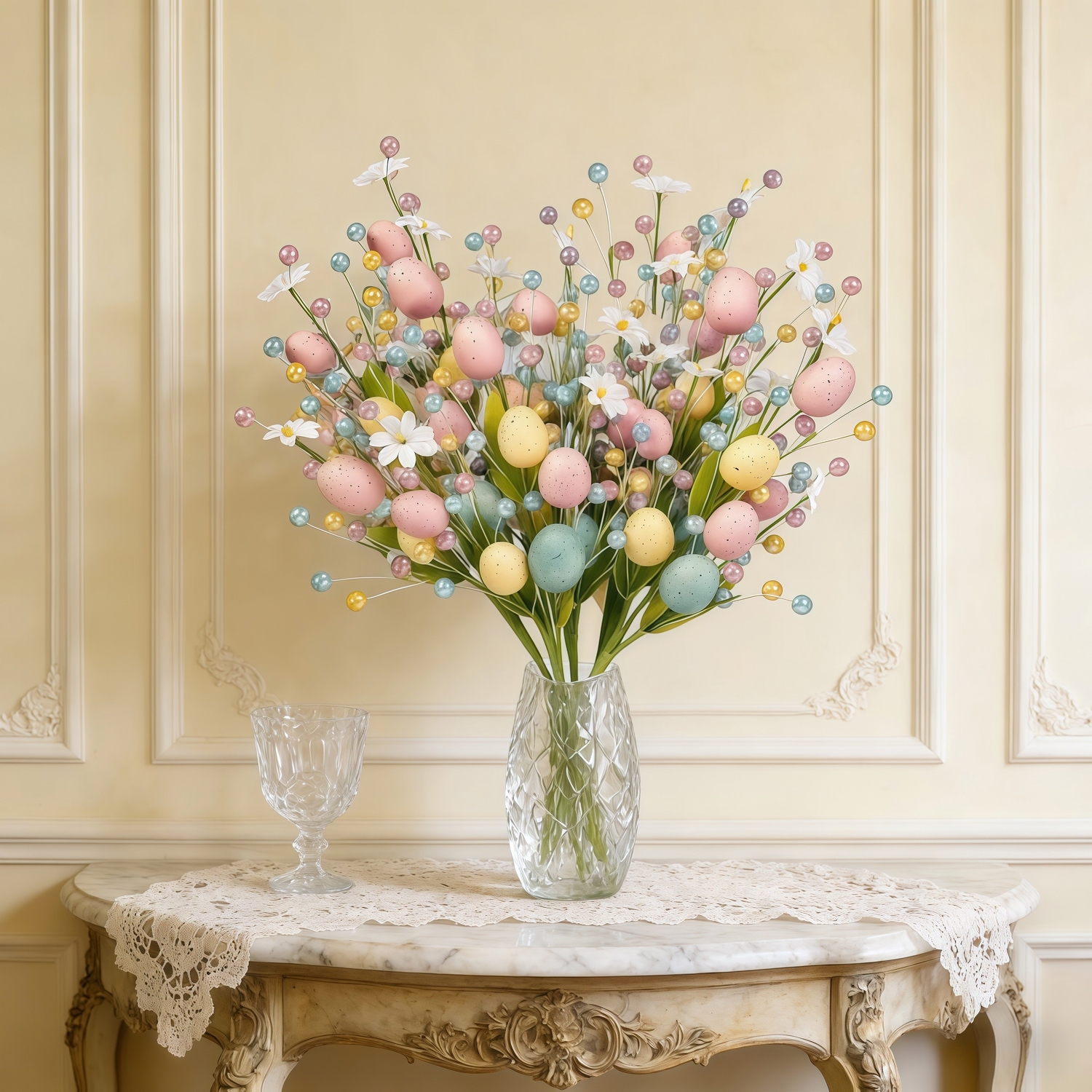 Set of 2 Artificial Easter Egg Berry Stems – Colorful Spring Picks with Pastel Eggs, Berries & Leaves for Vase Decor, Table Centerpieces & Mantel Styling (Indoor/Outdoor)